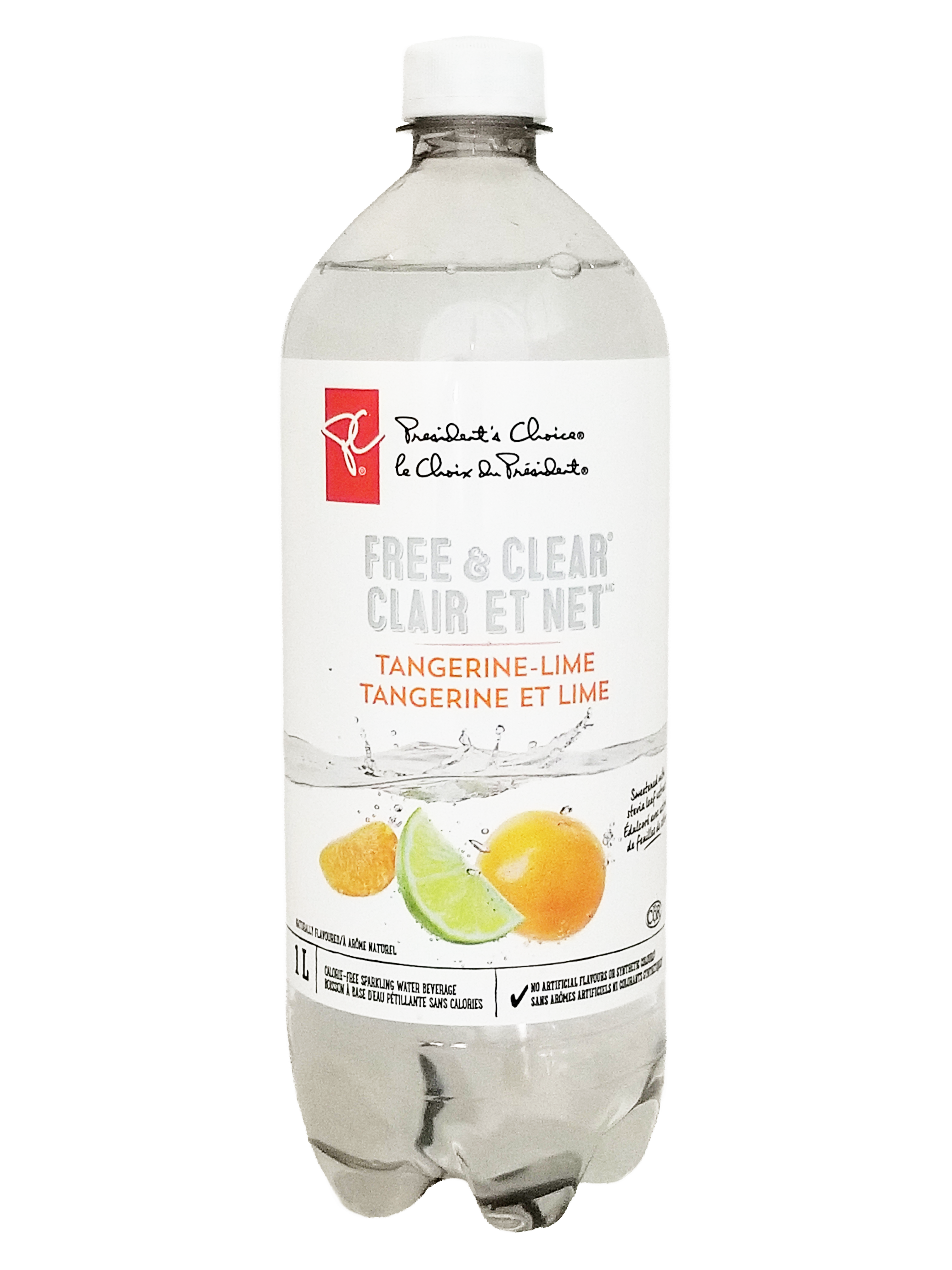 Bottle of President's Choice Tangerine Lime Flavored Sparkling Water, 1L/35.2 fl oz on a white background
