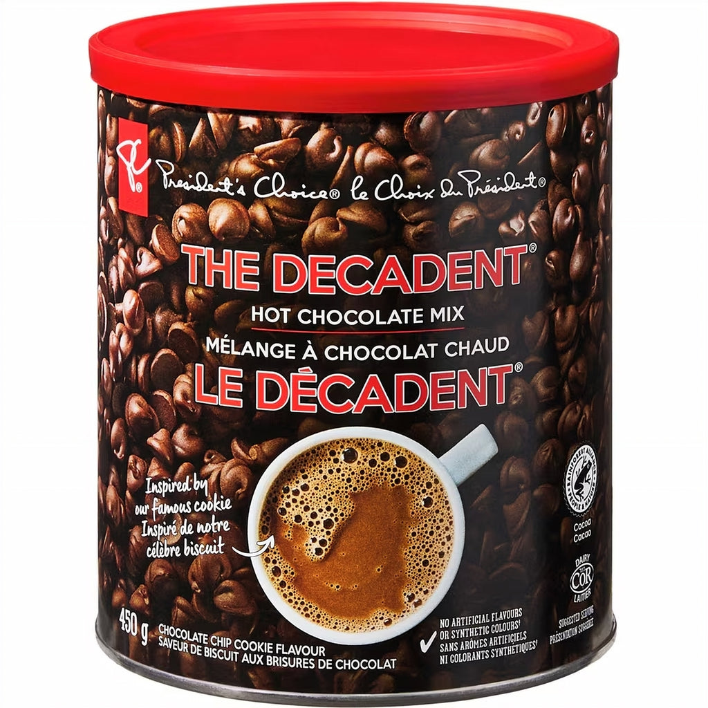 Canister of The Decadent hot chocolate mix with red lid and chocolate chip design.