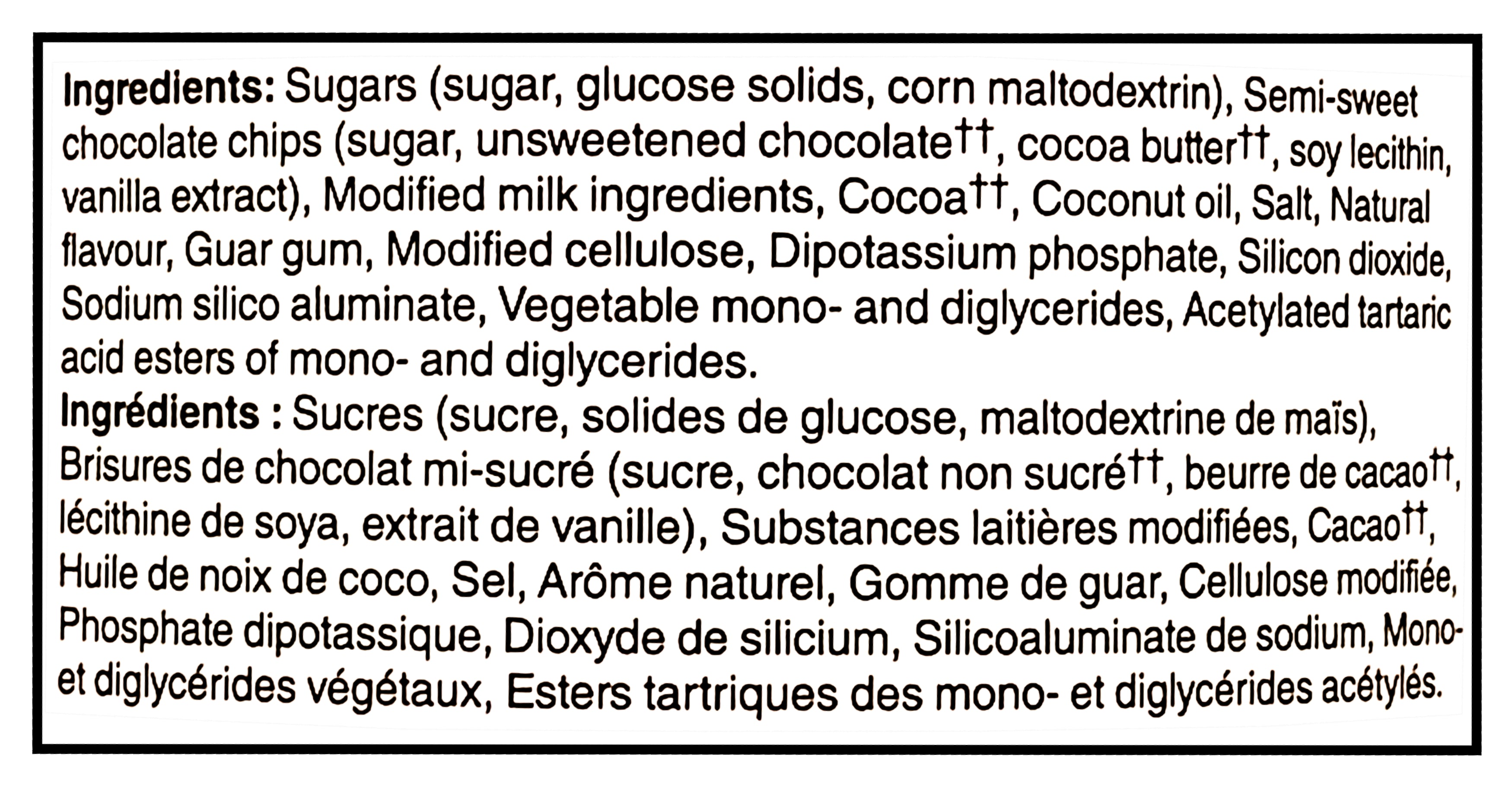 List of ingredients for President's Choice Hot Chocolate Mix, The Decadent Chocolate Chip Cookie Flavor with detailed chemical names and descriptions.