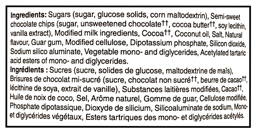 List of ingredients for President's Choice Hot Chocolate Mix, The Decadent Chocolate Chip Cookie Flavor with detailed chemical names and descriptions.