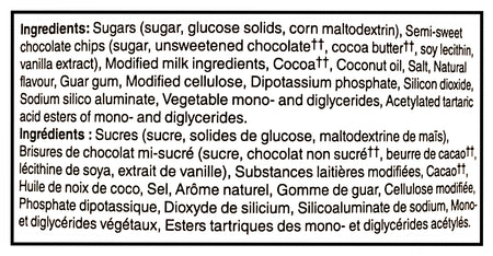 List of ingredients for President's Choice Hot Chocolate Mix, The Decadent Chocolate Chip Cookie Flavor with detailed chemical names and descriptions.