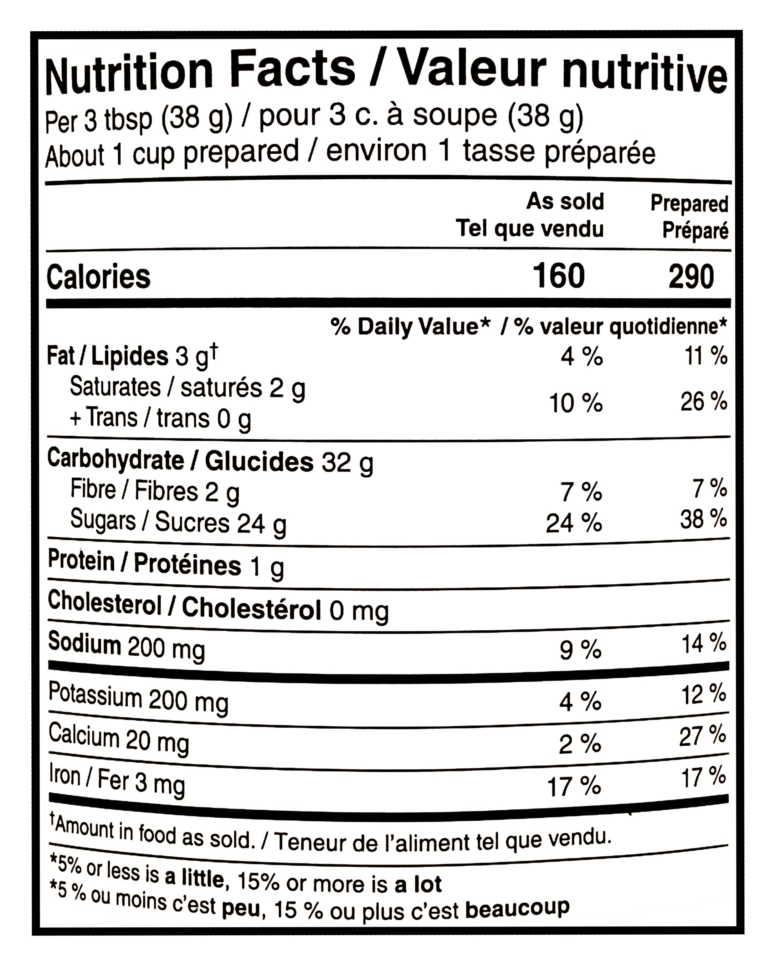 Nutrition facts label for President's Choice Hot Chocolate Mix, The Decadent Chocolate Chip Cookie Flavor with detailed calorie count and nutritional content.