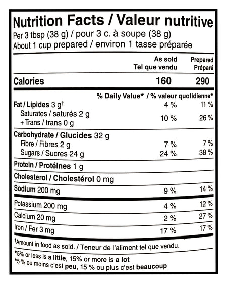 Nutrition facts label for President's Choice Hot Chocolate Mix, The Decadent Chocolate Chip Cookie Flavor with detailed calorie count and nutritional content.