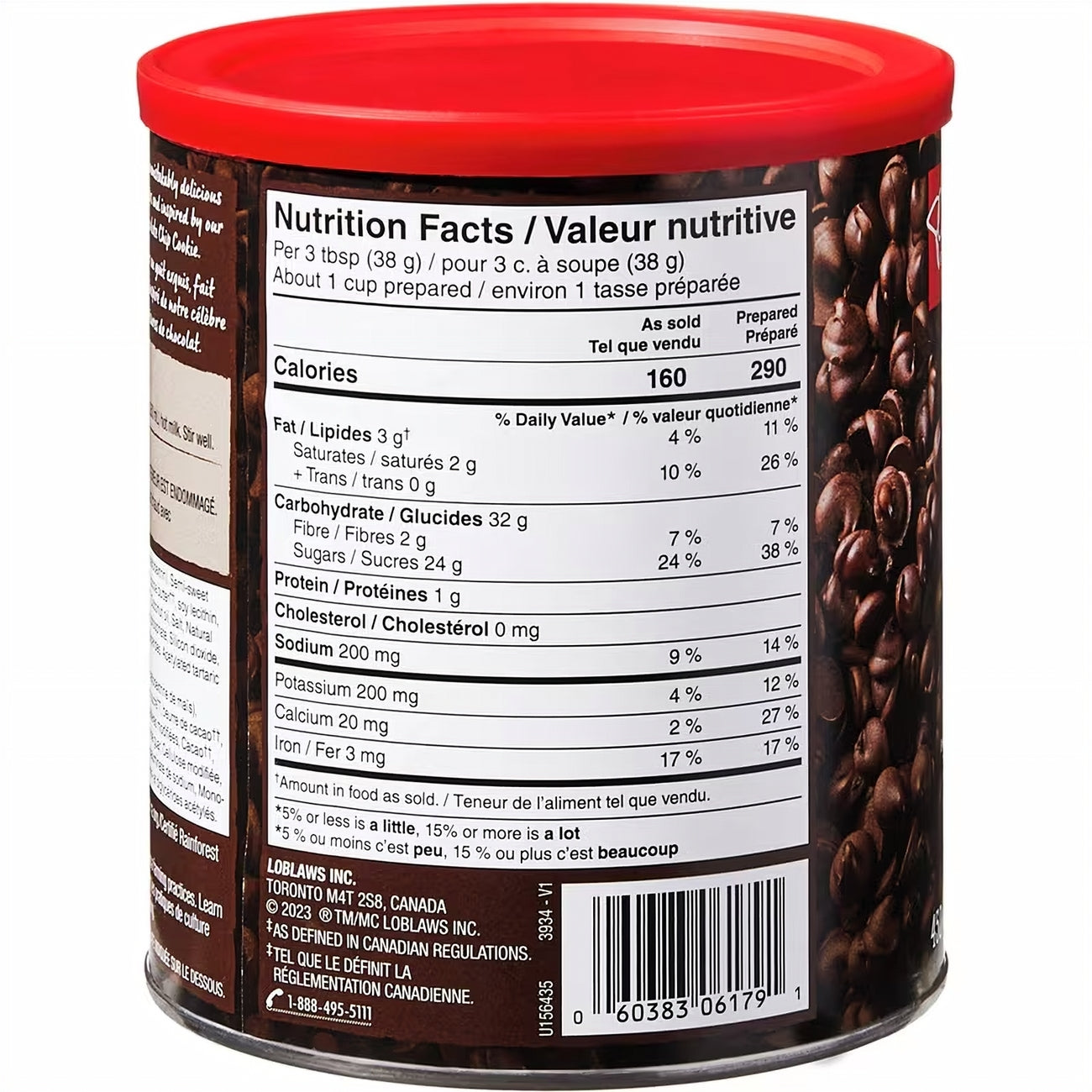 Nutrition facts label on a President's Choice Hot Chocolate Mix, The Decadent Chocolate Chip Cookie Flavor container with a red lid