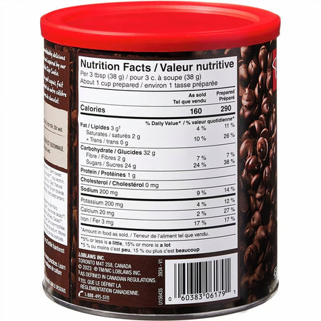Nutrition facts label on a President's Choice Hot Chocolate Mix, The Decadent Chocolate Chip Cookie Flavor container with a red lid