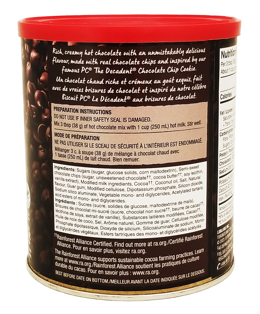 Back of President's Choice Hot Chocolate Mix, The Decadent Chocolate Chip Cookie Flavor container with red lid and black label.