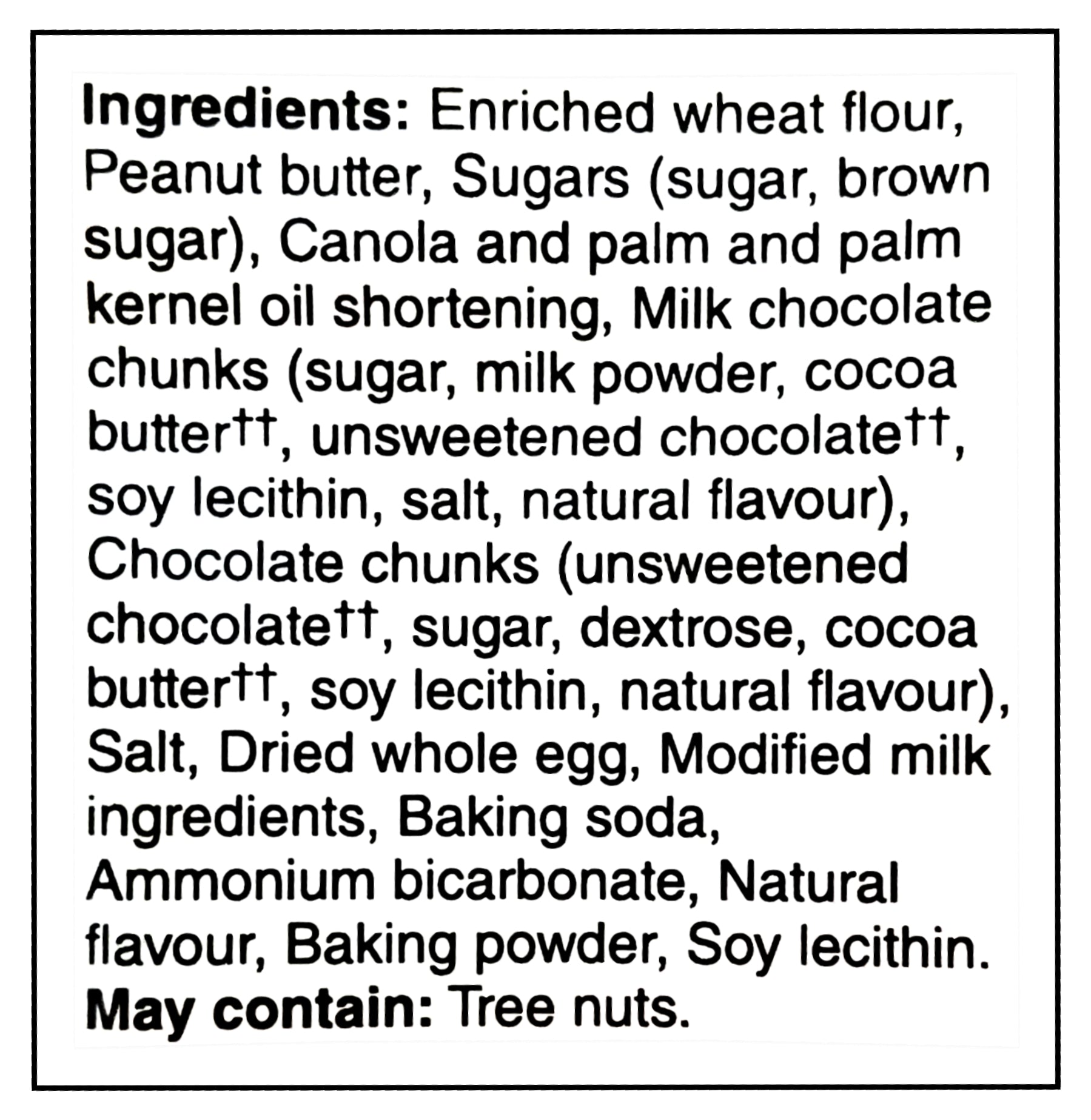 President's Choice The Decadent Peanut Butter Chocolate Chunk Cookie 300g/10.6 oz. - Ingredients Label
