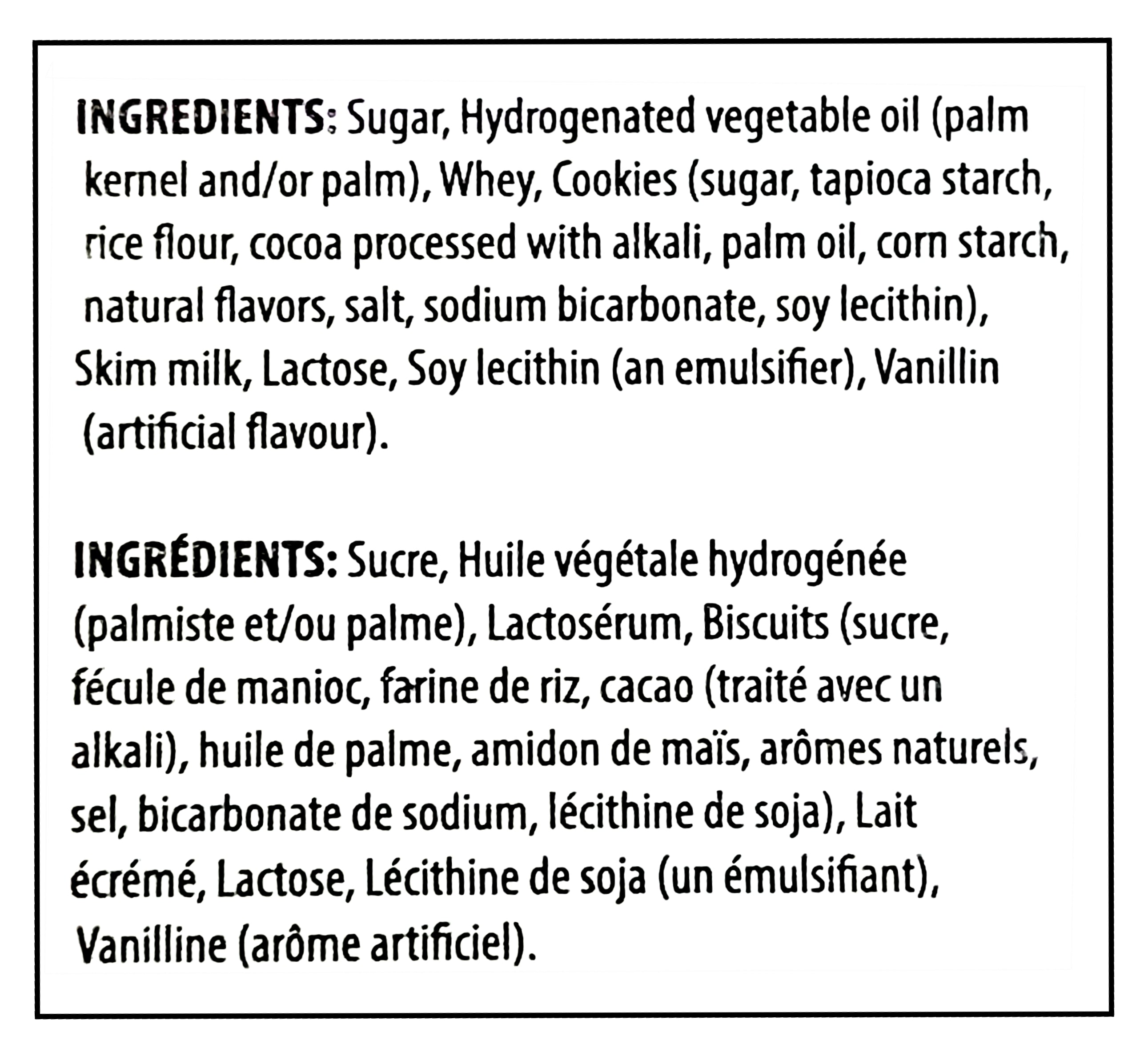 Palmer Valentine's Day Cookies & Creme Hearts, 170g/6 oz. - Ingredients Label