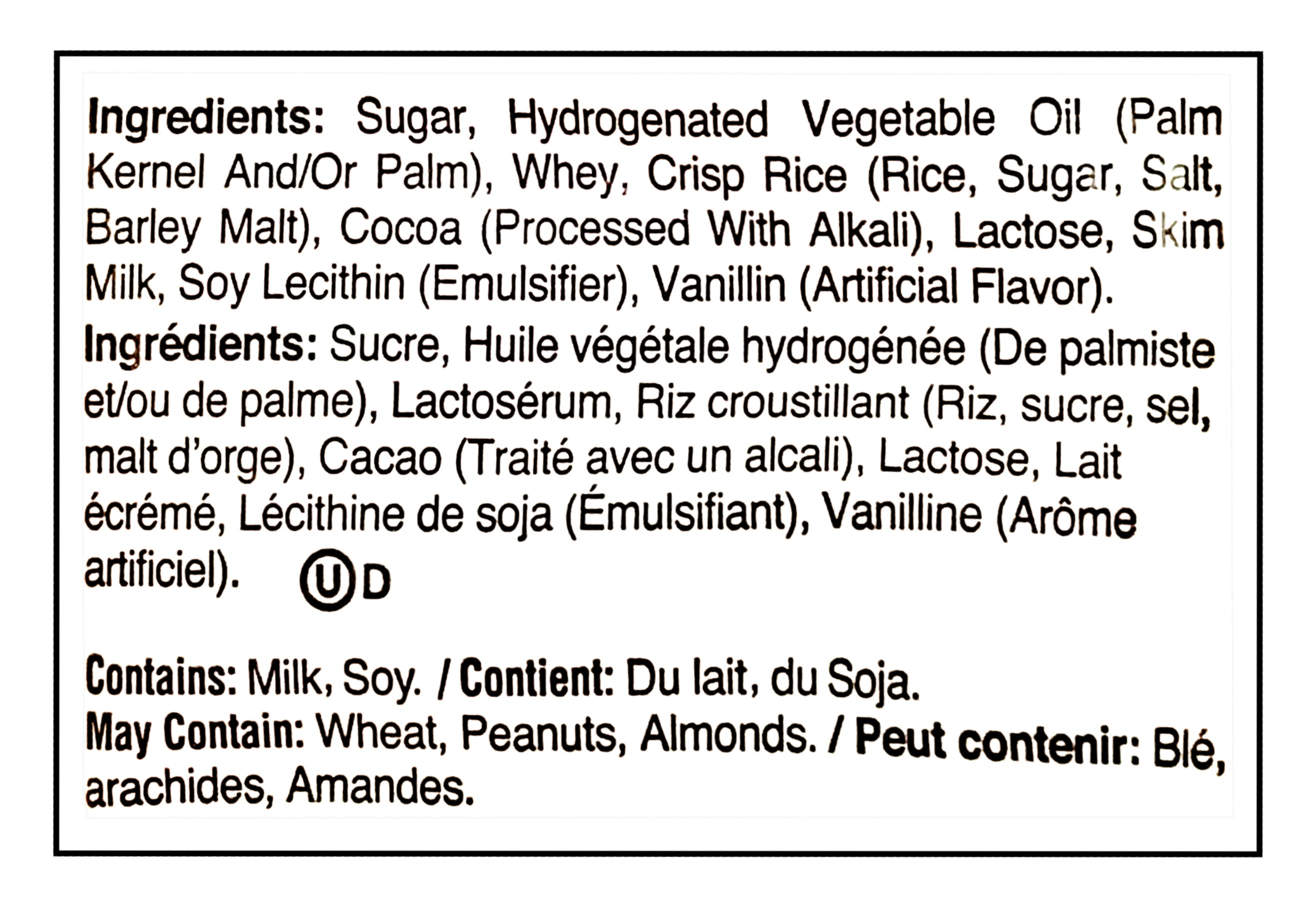 Palmer Coeurs Valentine's Day Double Crisp Milk Chocolate Hearts, 128g/4.5 oz. - Ingredients Label