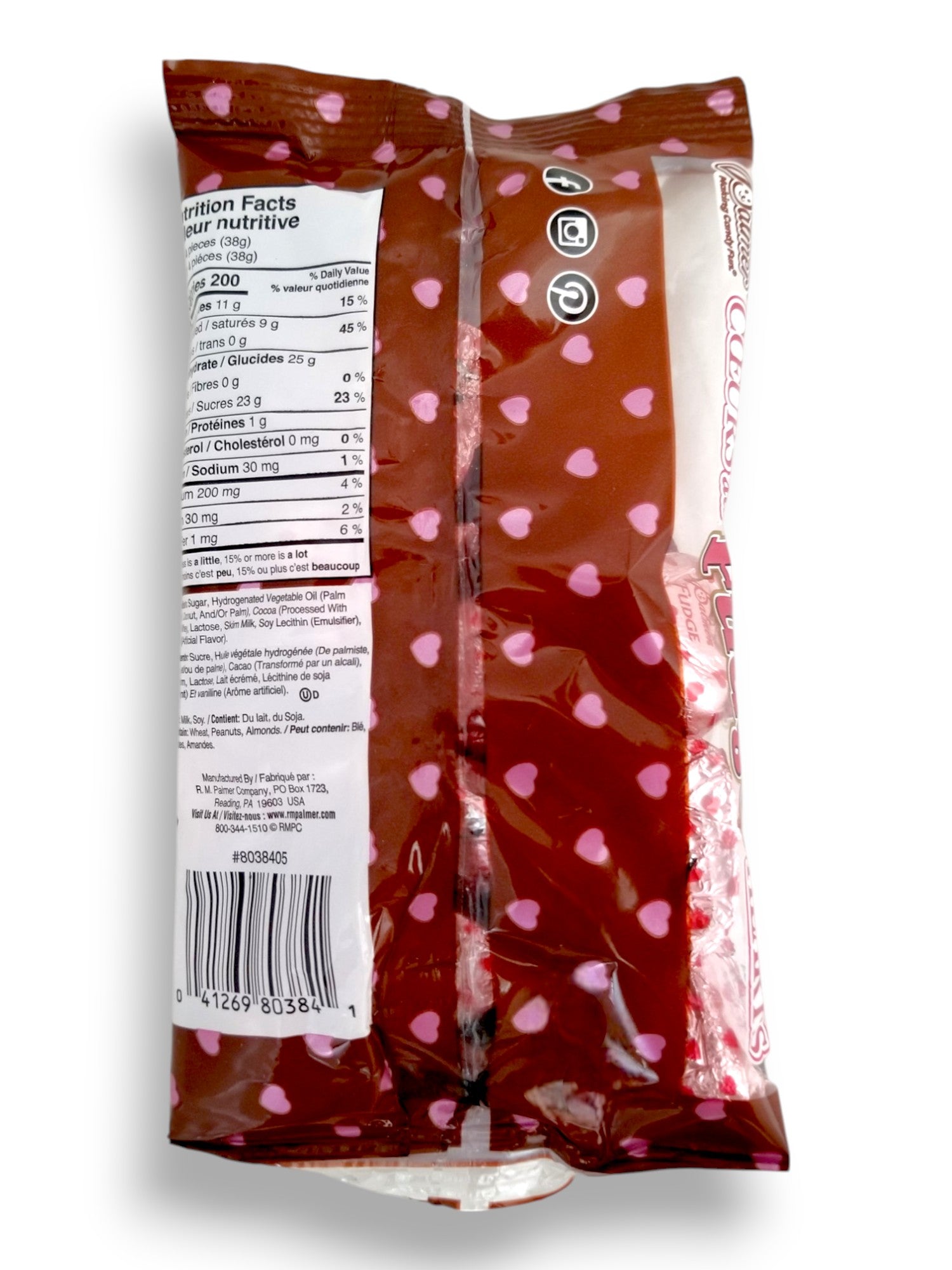 Palmer Coeurs Valentine's Day Fudge Milk Chocolate Hearts, 128g/4.5 oz. - Back Of Bag