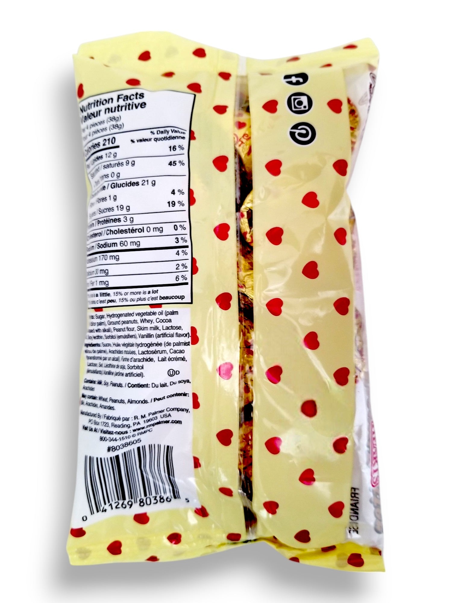 Palmer Coeurs Valentine's Day Milk Chocolate Peanut Butter Hearts, 128g/4.5 oz. - Back Of Bag