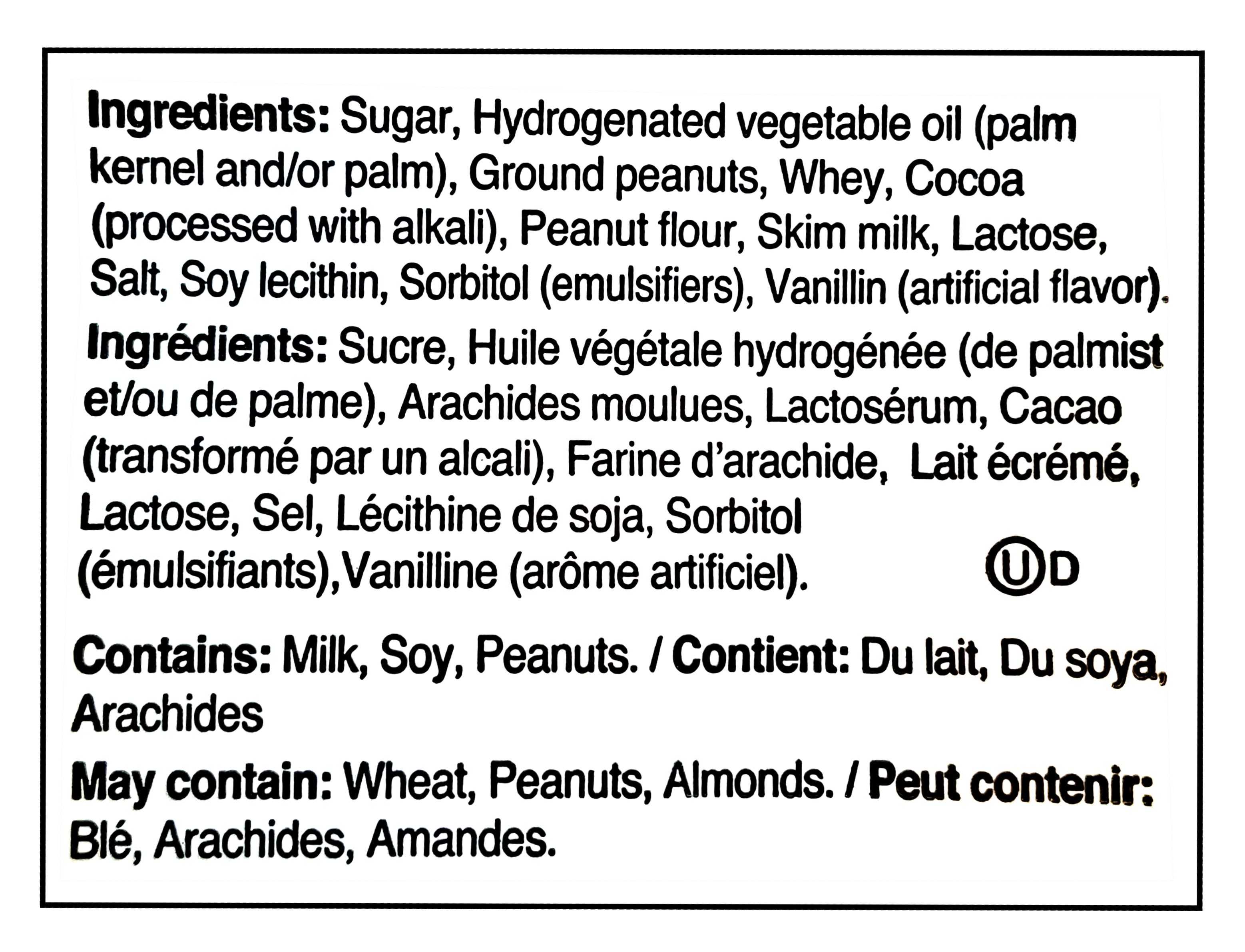 Palmer Coeurs Valentine's Day Milk Chocolate Peanut Butter Hearts, 128g/4.5 oz. - Ingredients Label