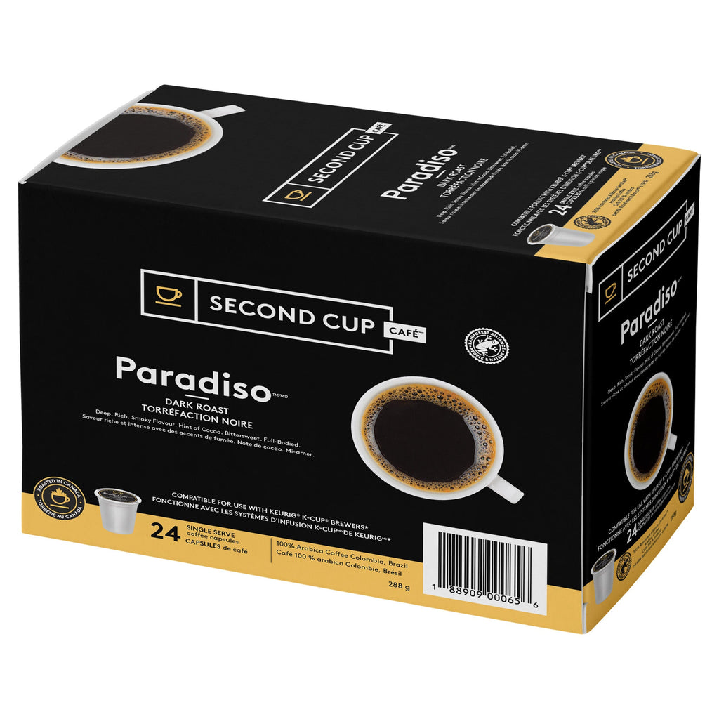 Box of Second Cup Cafe Paradiso dark roast coffee capsules on a white background