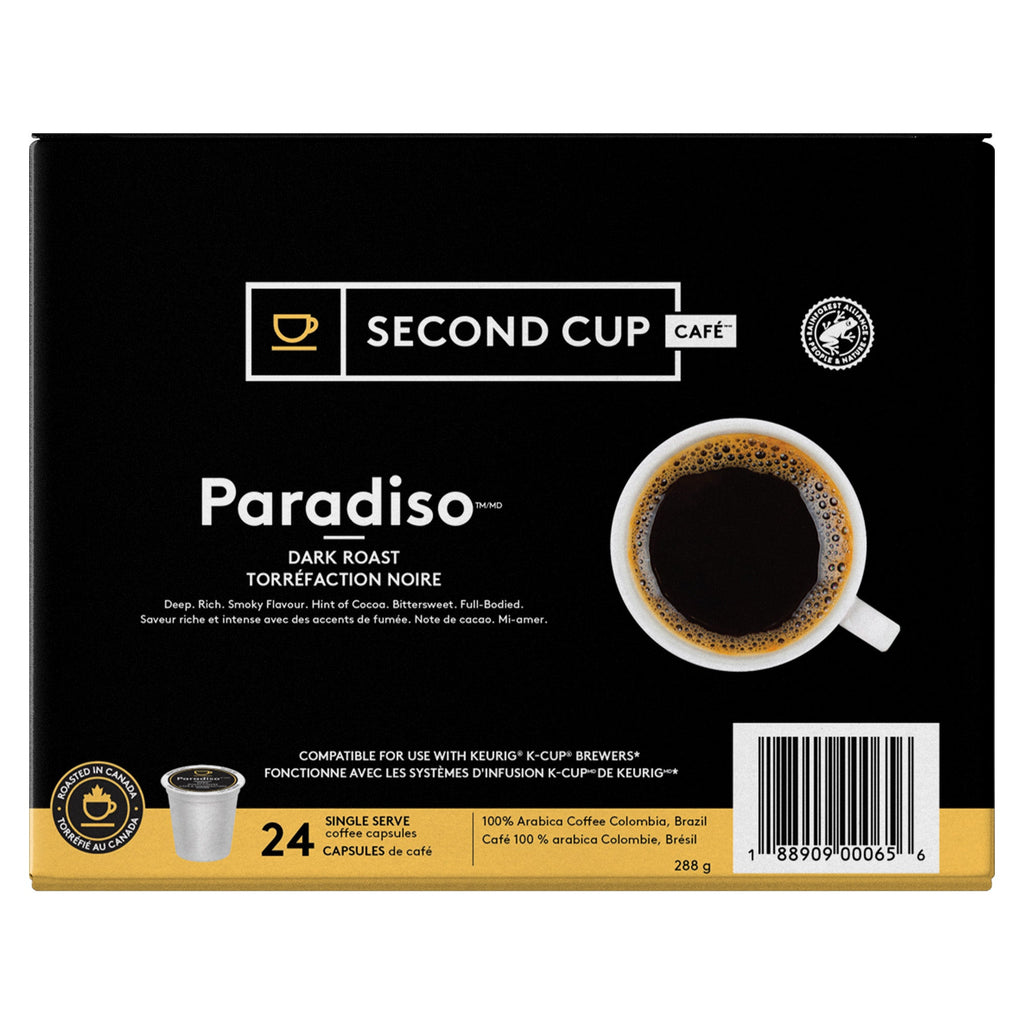 Box of Second Cup Paradiso Dark Roast coffee capsules on a white background