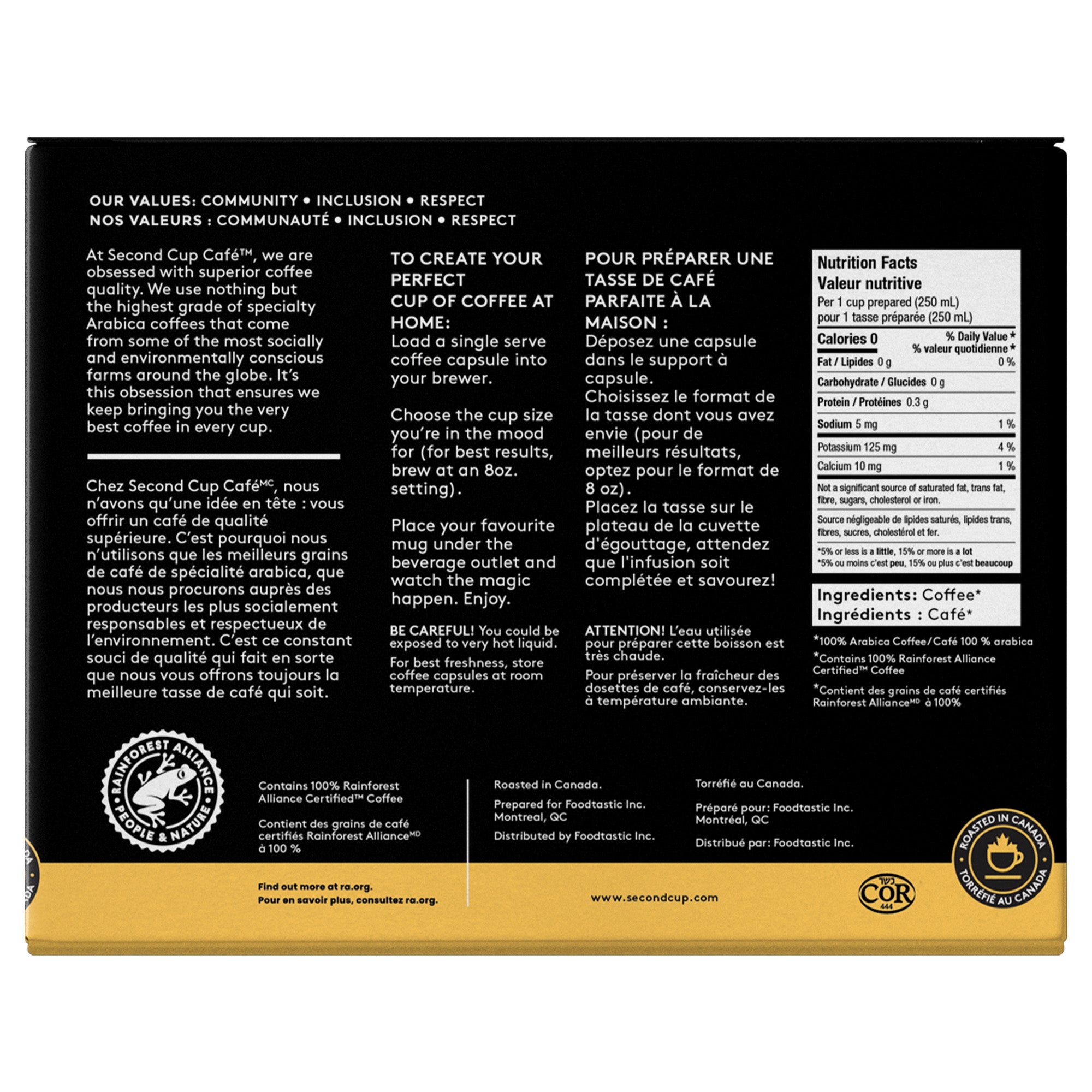 Back of Second Cup Cafe Paradiso Dark Roast K-Cup Coffee with text and branding