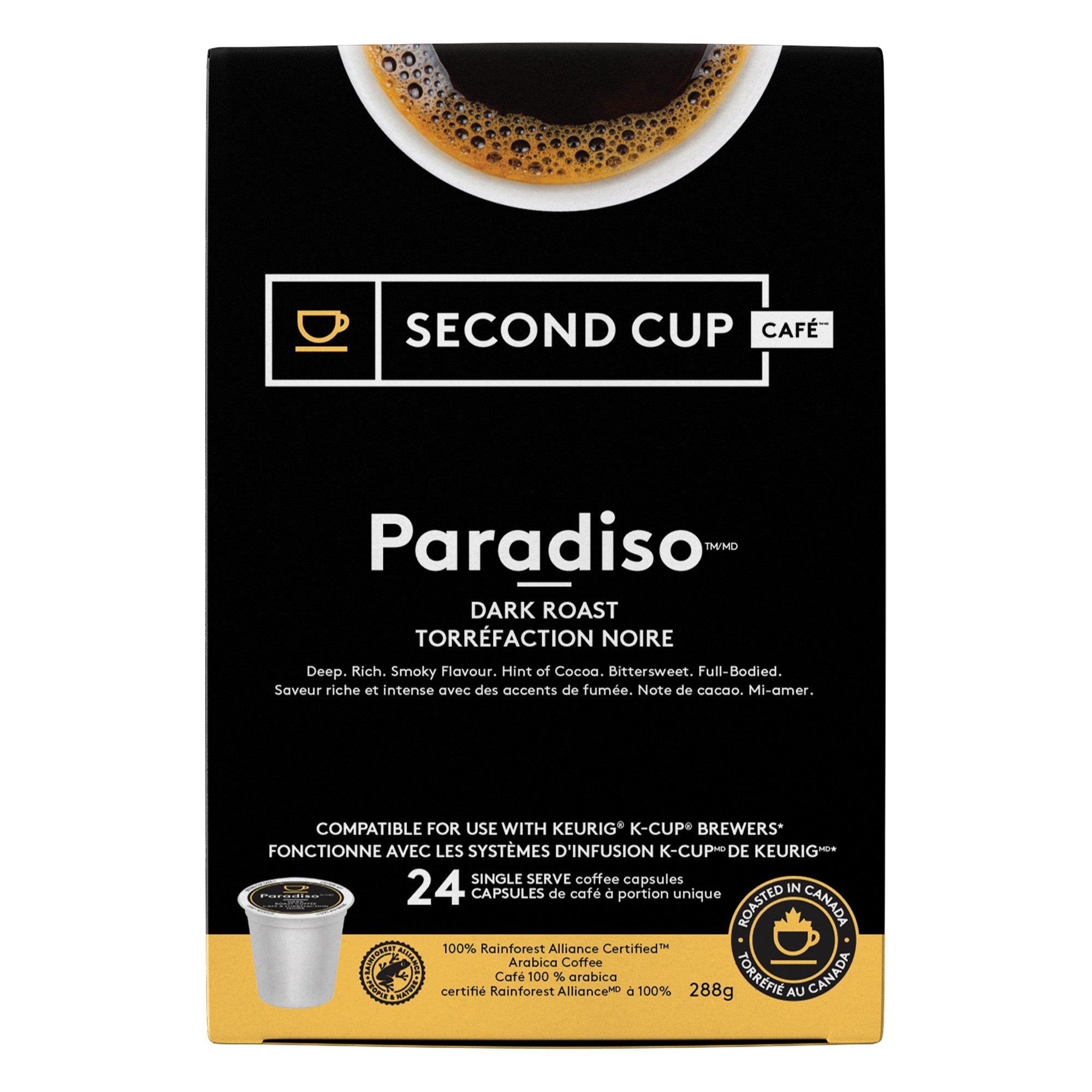 Second Cup Paradiso Dark Roast coffee capsule packaging on a white background
