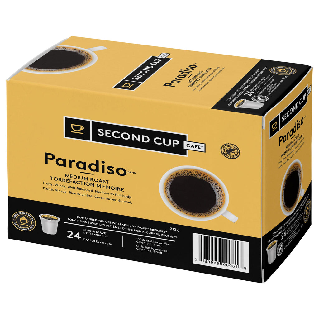 Box of Second Cup Paradiso coffee capsules on a white background