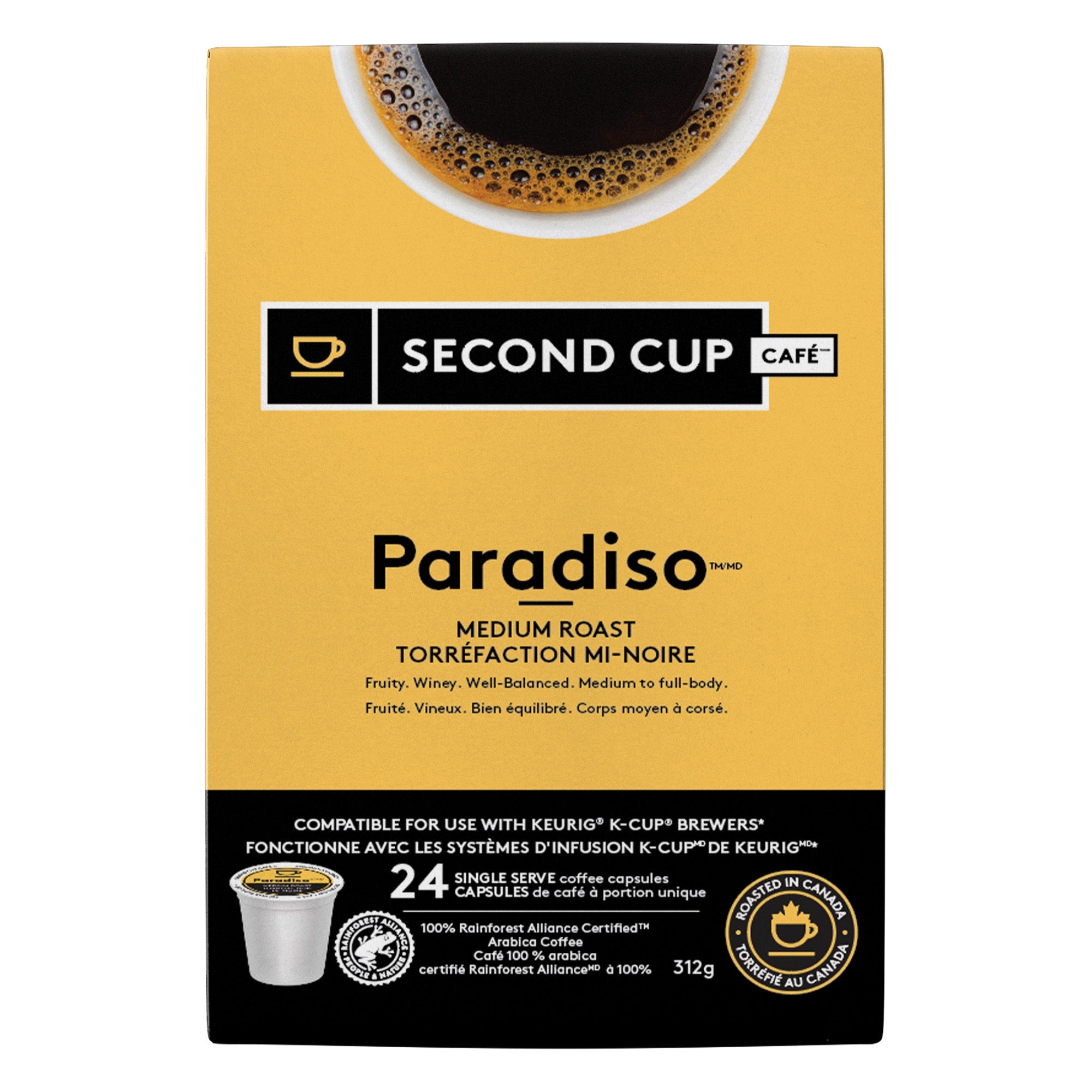 Second Cup Paradiso coffee capsule packaging on a white background
