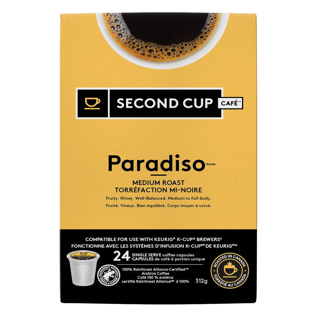 Second Cup Paradiso coffee capsule packaging on a white background