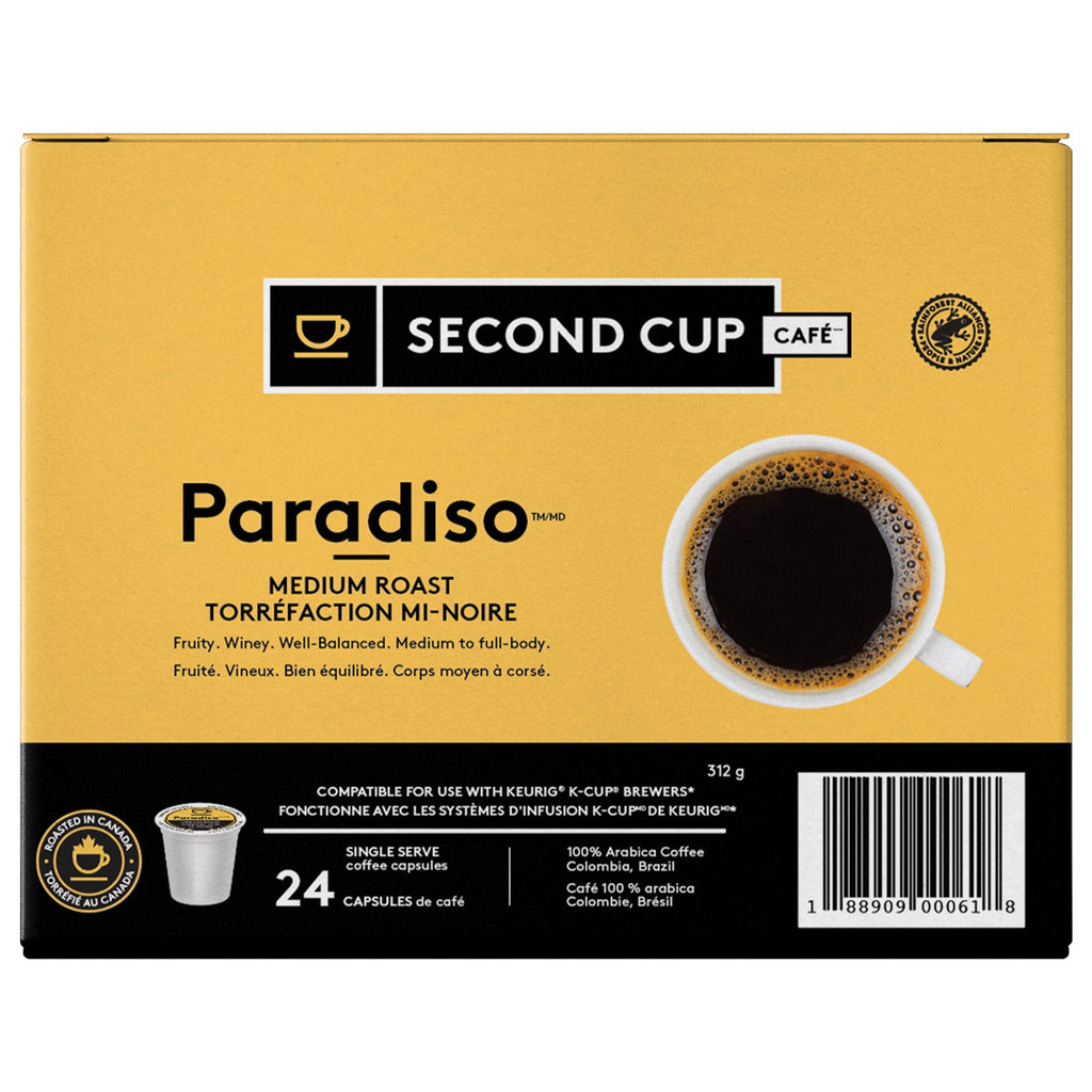 Box of Second Cup Paradiso coffee capsules on a white background
