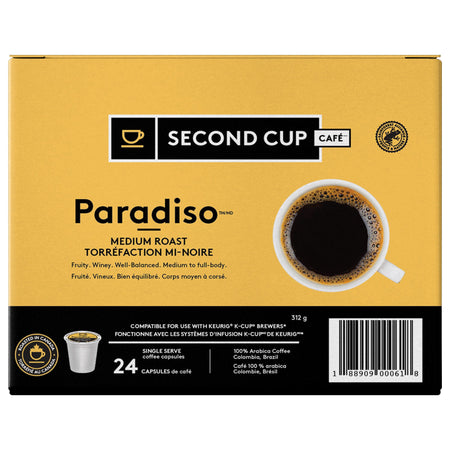 Box of Second Cup Paradiso coffee capsules on a white background