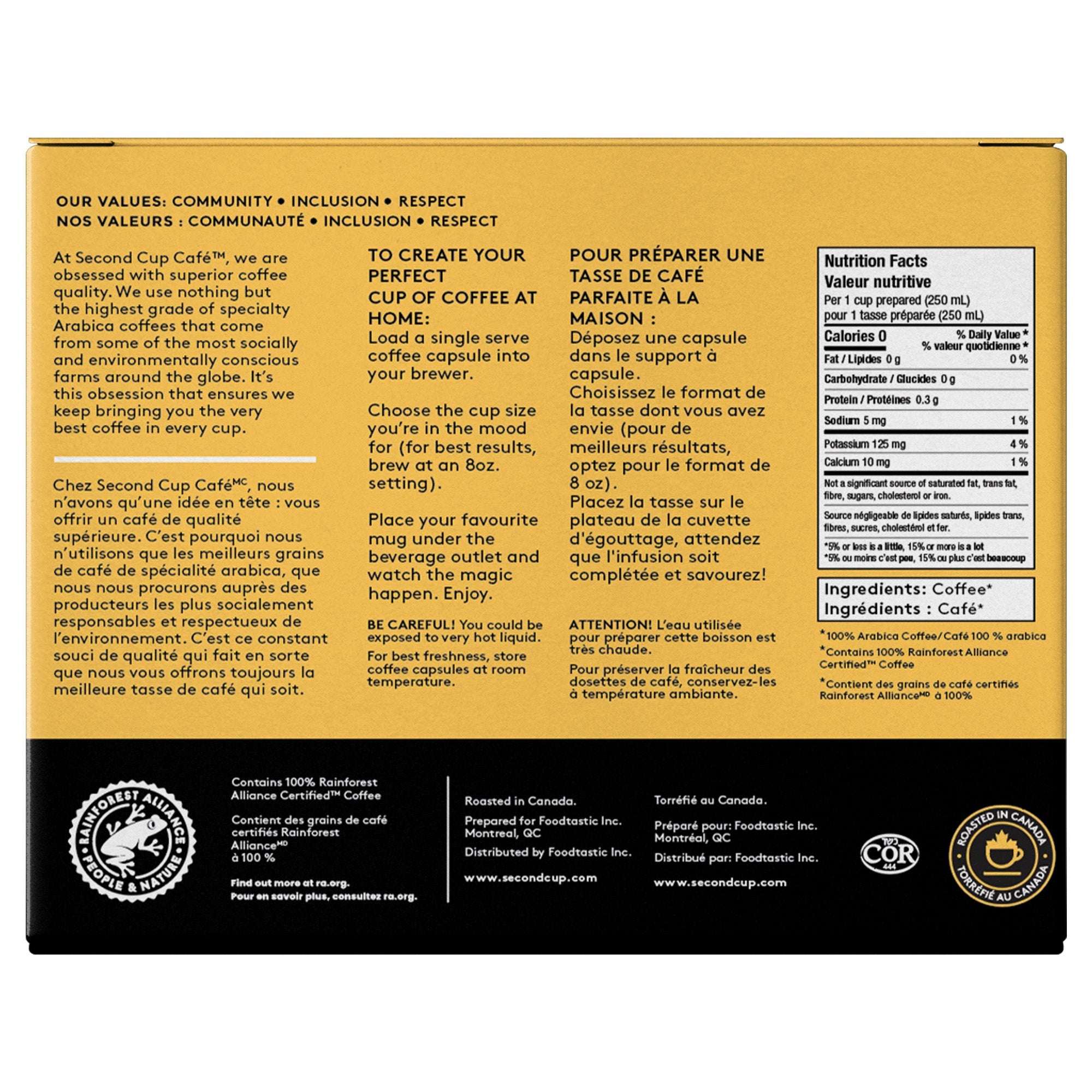 Back of a coffee package with text and branding