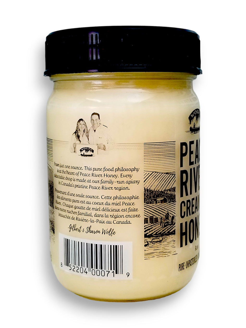 Peace River Unpasteurized Pure White Honey, 500g/17.6 oz., Jar, side of jar with upc.
