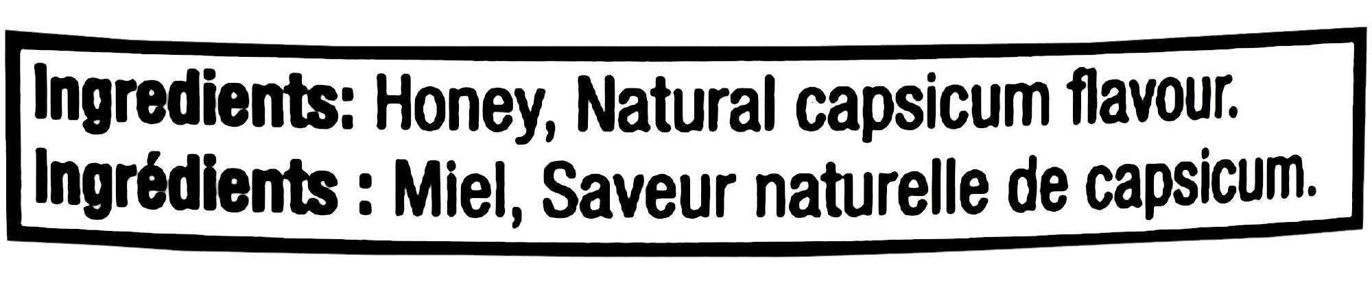 Peace River Hot Honey, Chilli Flavored, 750g/26.5 oz., Bottle, ingredients label.