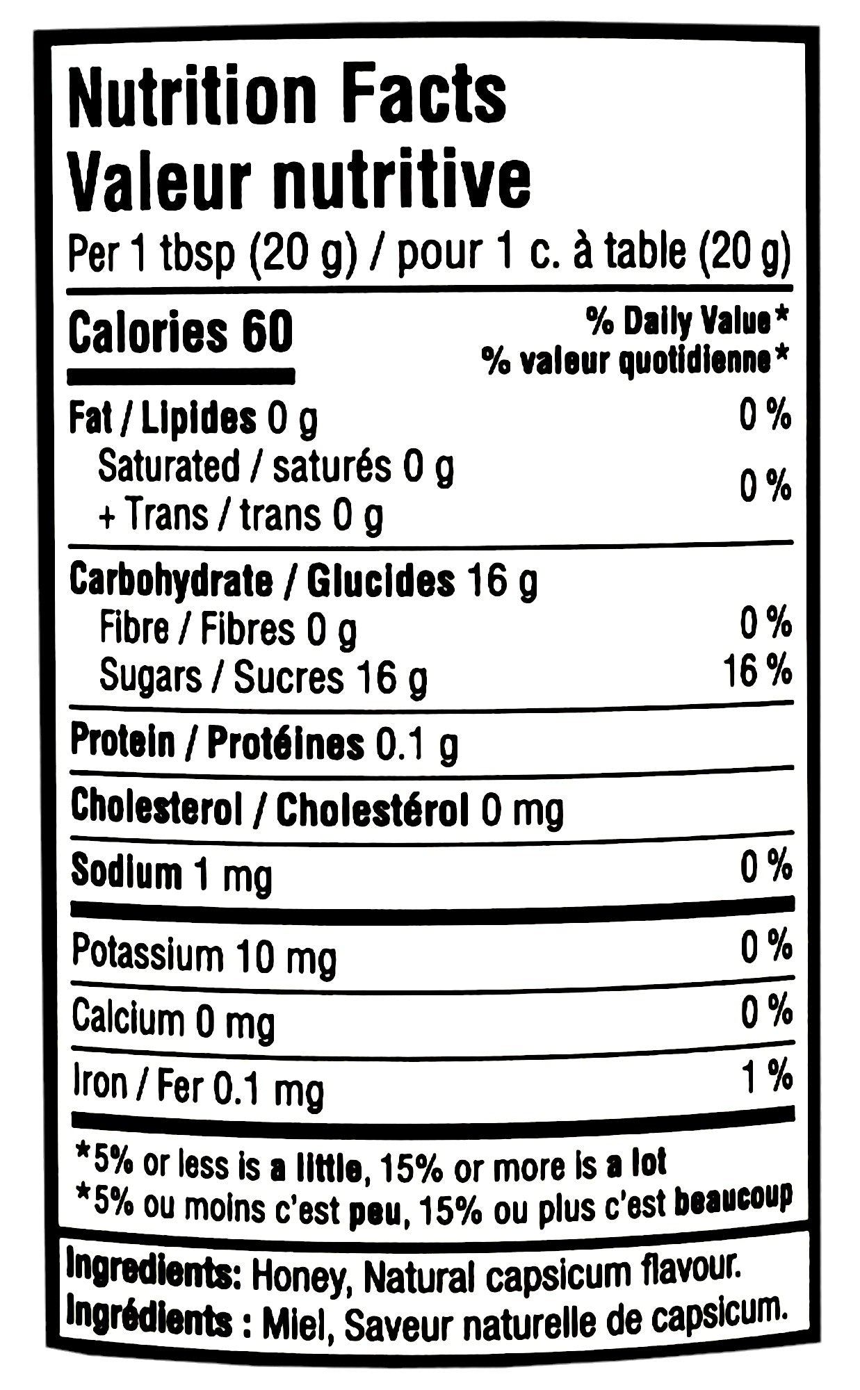 Peace River Hot Honey, Chilli Flavored, 750g/26.5 oz., Bottle, nutrition facts label.