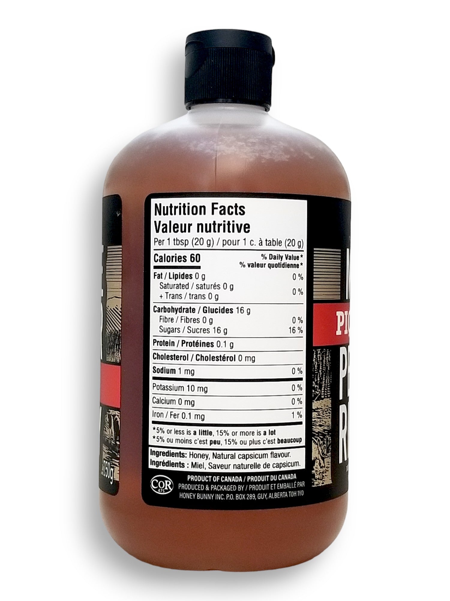 Peace River Hot Honey, Chilli Flavored, 750g/26.5 oz., Bottle, side of bottle.