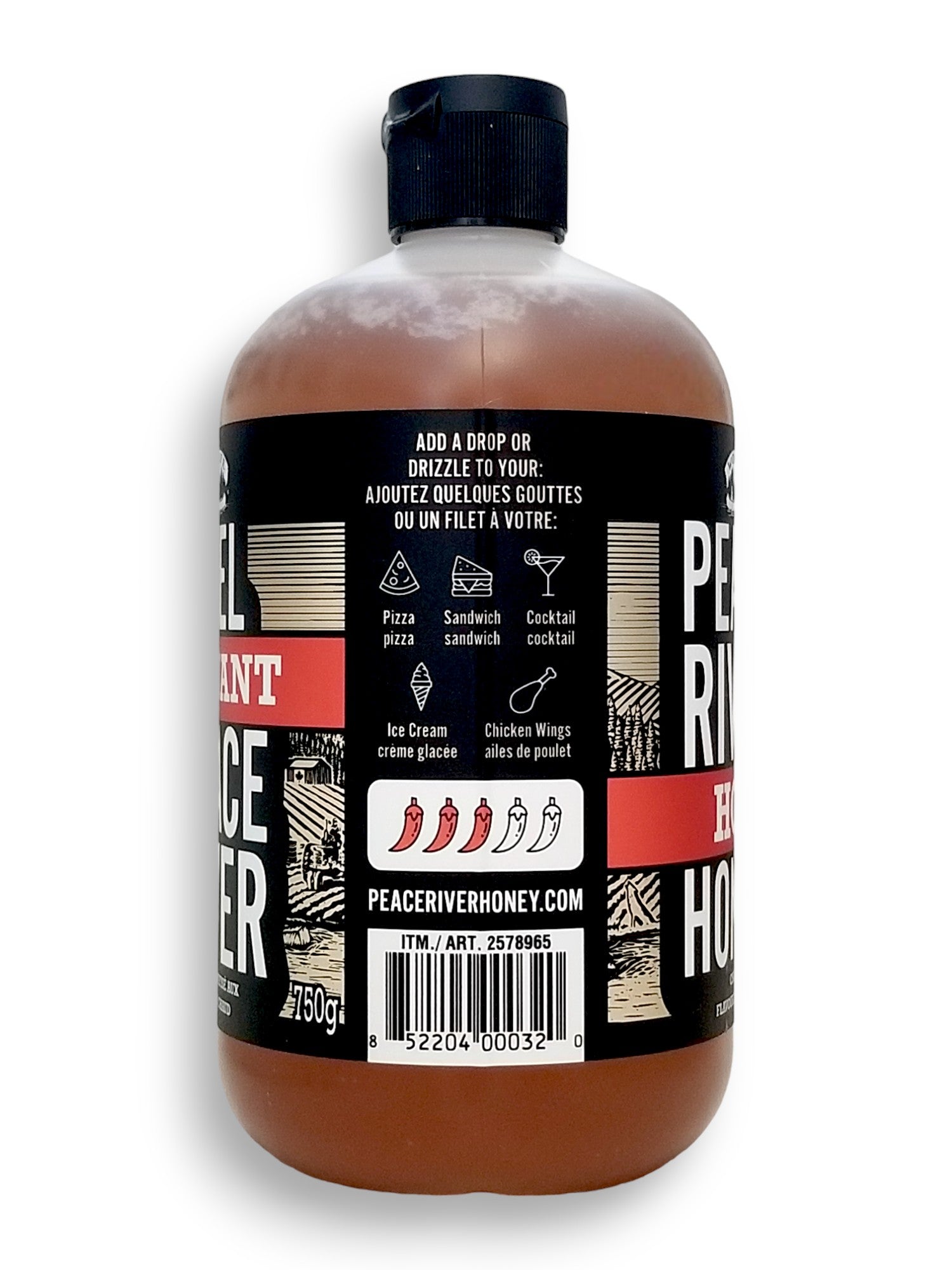 Peace River Hot Honey, Chilli Flavored, 750g/26.5 oz., Bottle, side of bottle with upc.