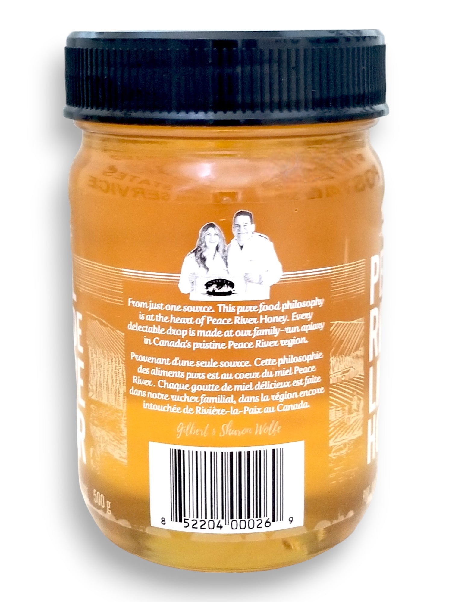 Peace River Unpasteurized Liquid Honey, 500g/17.6 oz., Jar, side of jar with upc.