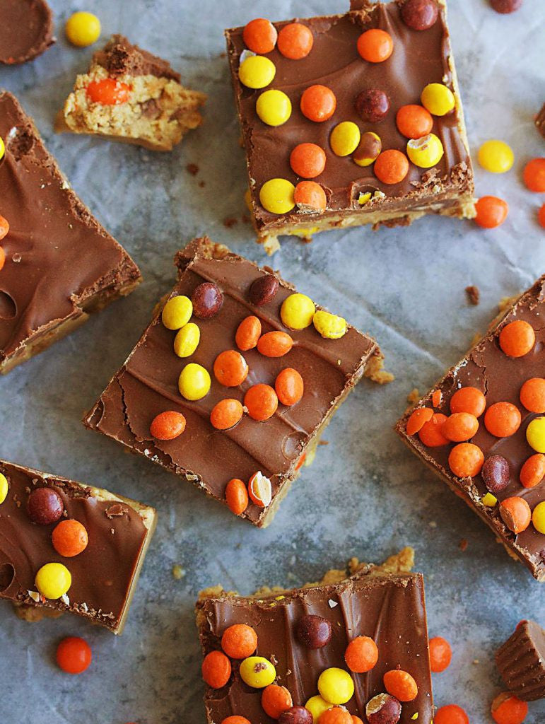 Peanut butter bars made with Mini Reese's Pieces perfect for baking.