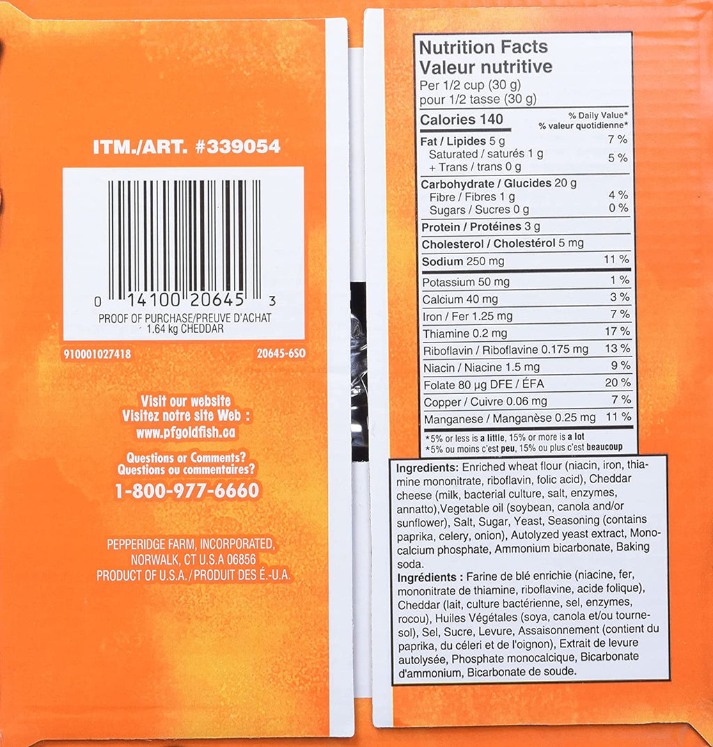 Pepperidge Farm Cheddar Goldfish Crackers, 1.64 kg/3.6 lb. Box Bottom Side