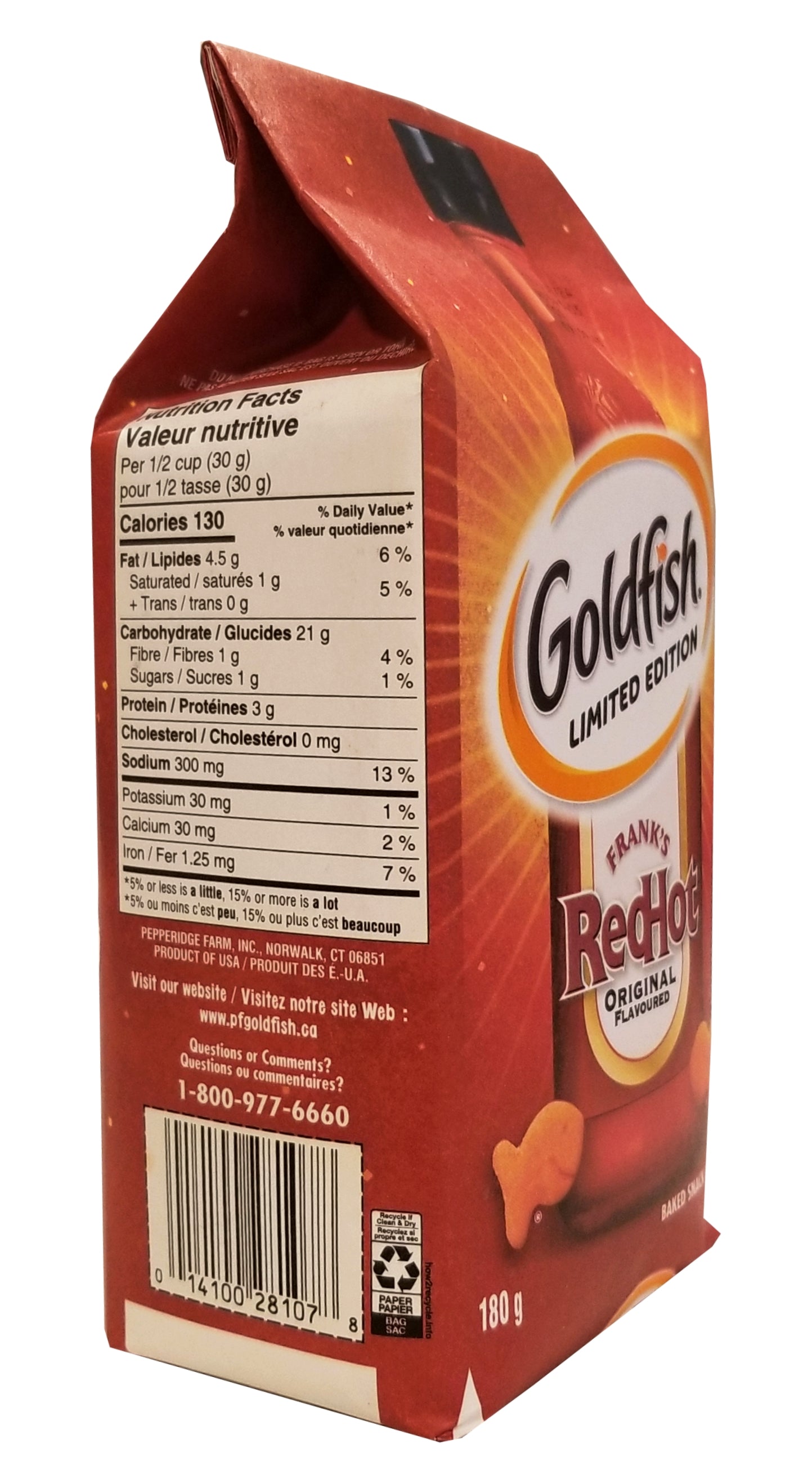 Pepperidge Farm Goldfish Franks RedHot Original Flavored Crackers – 180g (6.3 oz) Bag Left Side