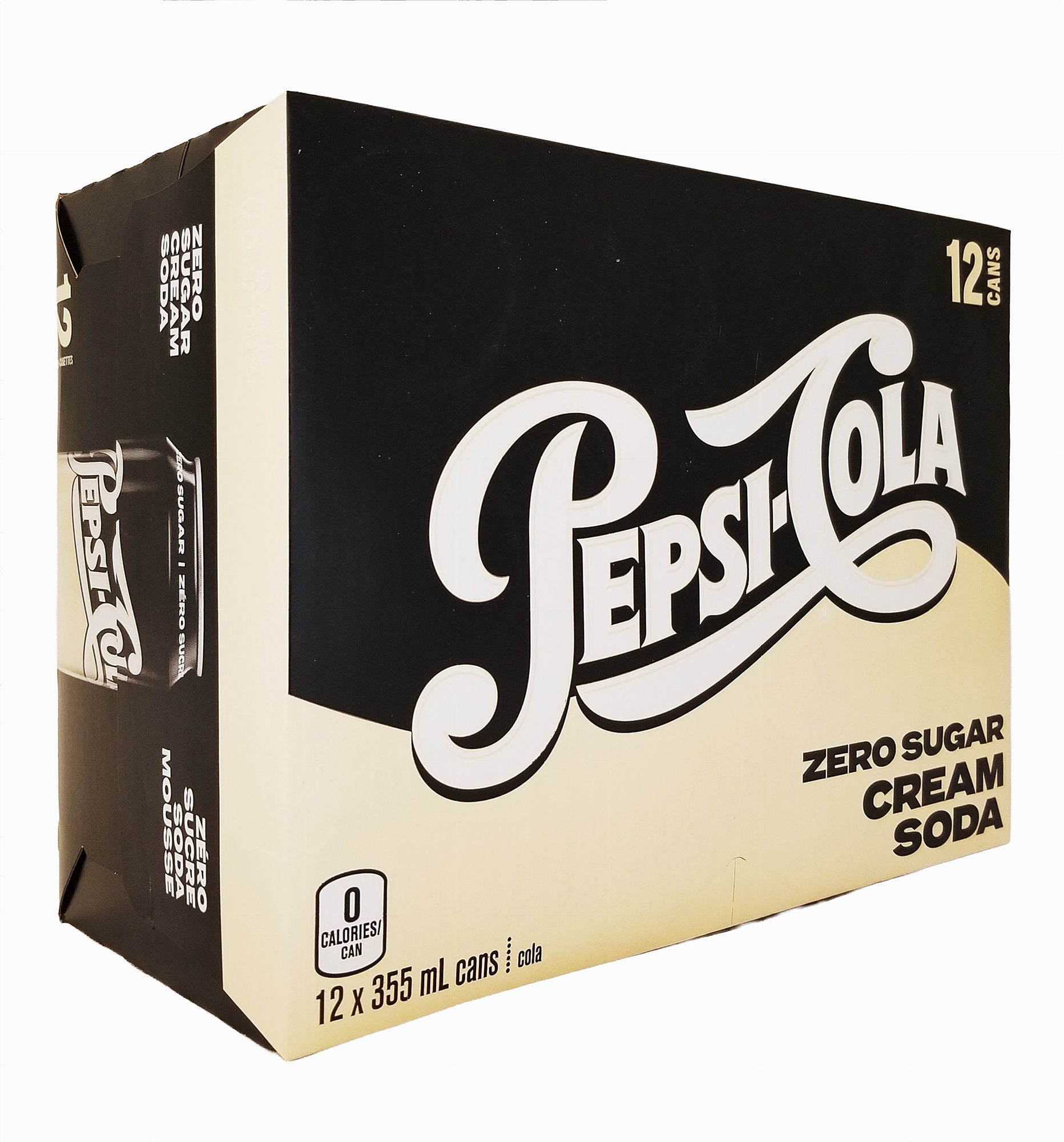 Box of Pepsi-Cola Zero Sugar Cream Soda Soft Drink 12-Pack with black and beige design