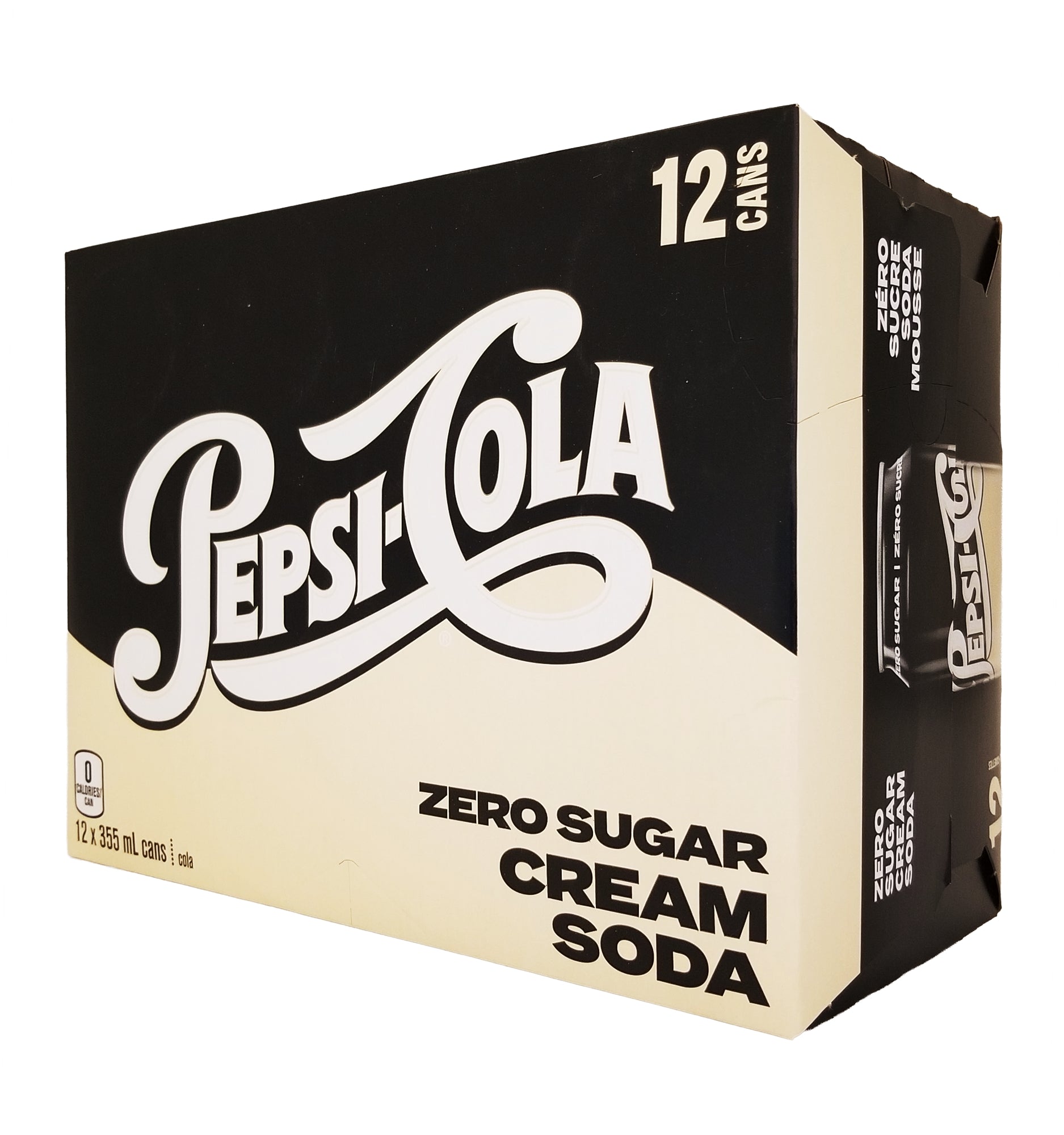 Box of Pepsi-Cola Zero Sugar Cream Soda Soft Drink 12-Pack with black and white design
