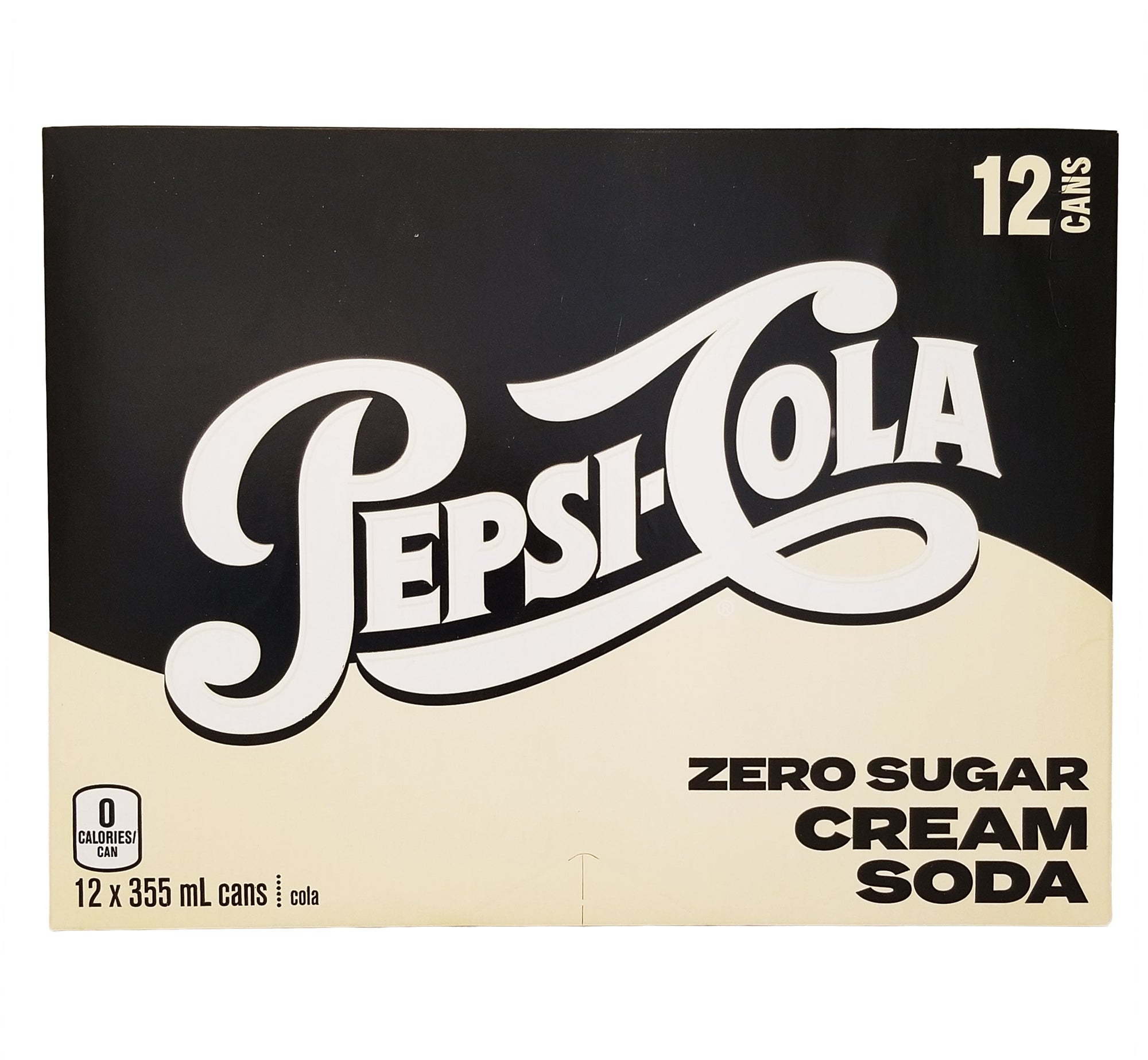 Pepsi-Cola Zero Sugar Cream Soda packaging with 12 cans on a black and beige background