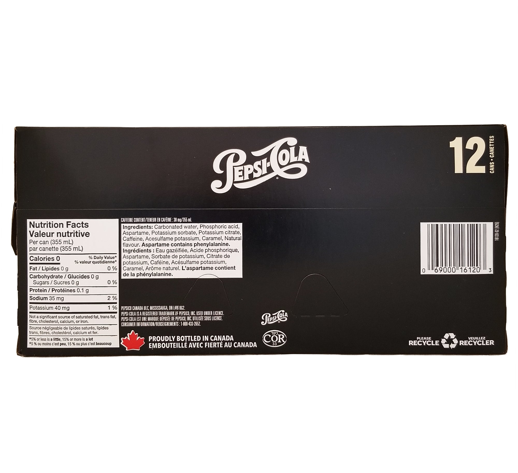 Pepsi-Cola Zero Sugar Cream Soda Soft Drink 12-Pack packaging with nutritional information and branding on a black background