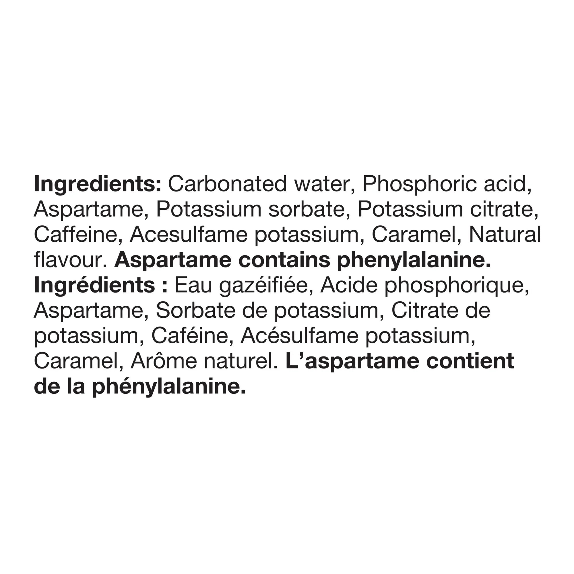 List of ingredients for Pepsi-Cola Zero Sugar Cream Soda Soft Drink 12-Pack with a warning about aspartame on a white background