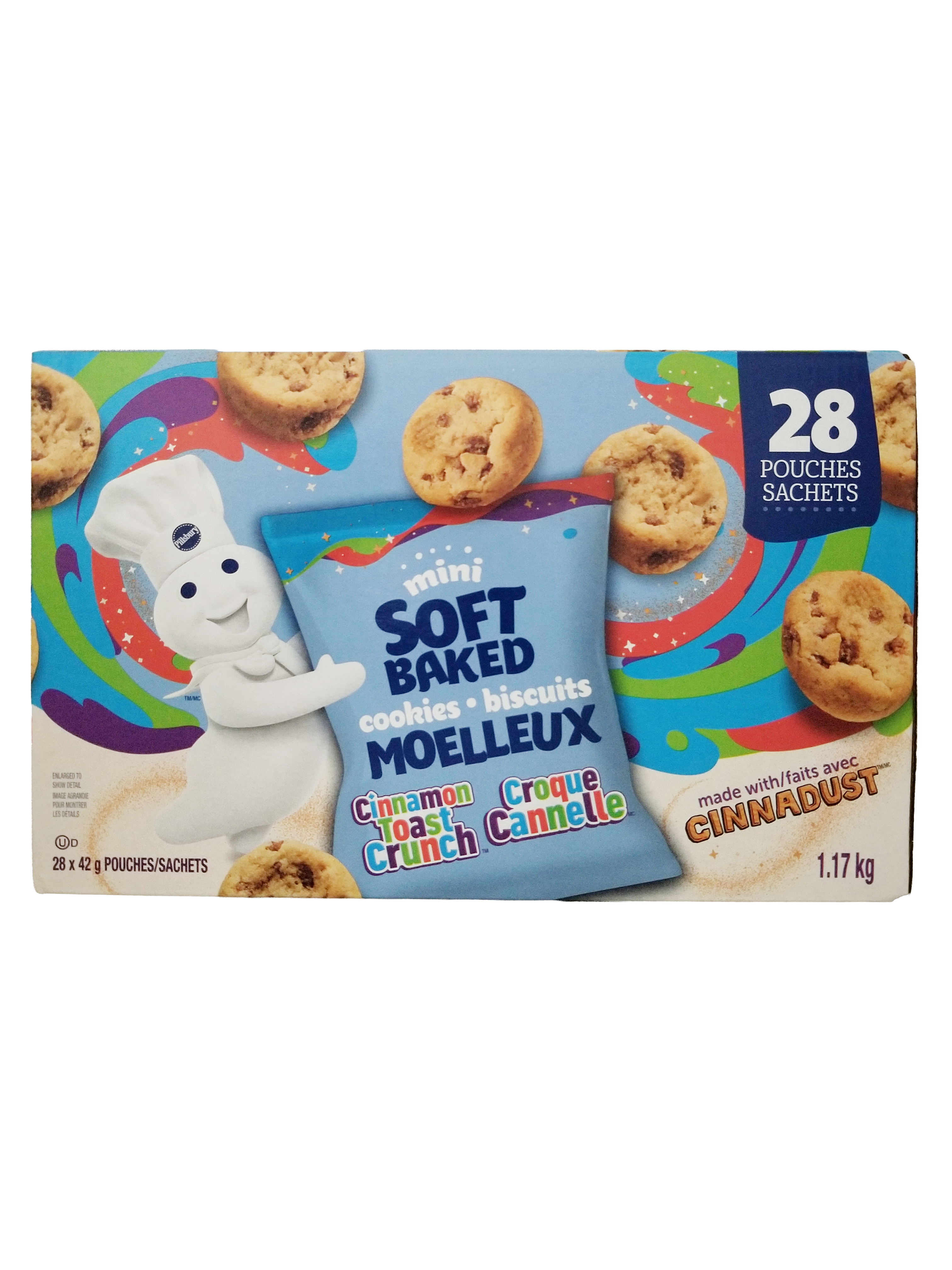 Box of Pillsbury Mini Soft Baked Cinnamon Toast Crunch Cookies, 28x42g Snack Bags, 1.17kg/2.6 lb with a cartoon character on a white background