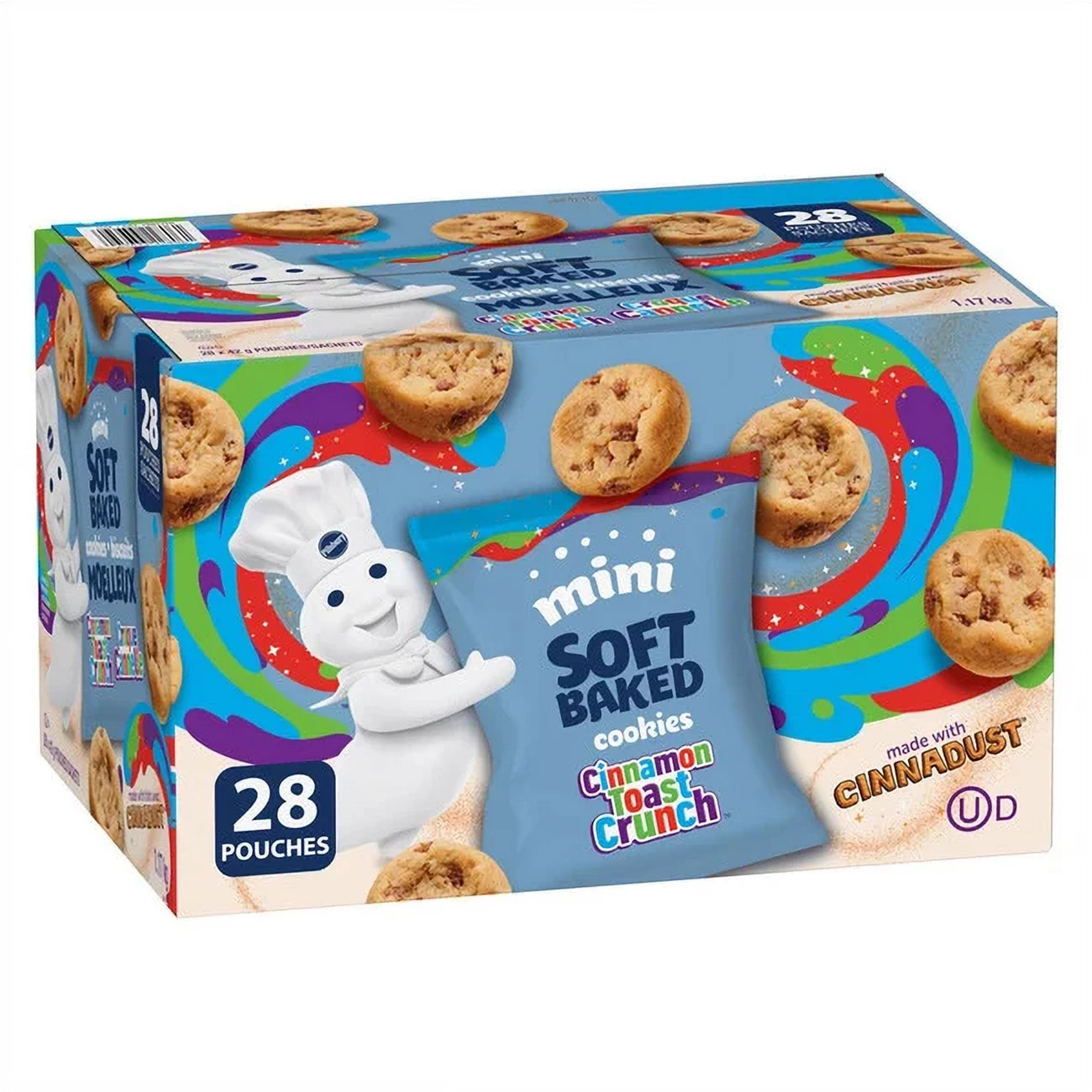 Box of Pillsbury Mini Soft Baked Cinnamon Toast Crunch Cookies, 28x42g Snack Bags, 1.17kg/2.6 lb with a cartoon character on a white background
