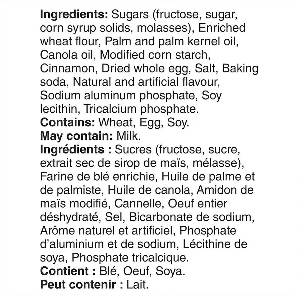 List of ingredients and allergens for Pillsbury Mini Soft Baked Cinnamon Toast Crunch Cookies, 28x42g Snack Bags, 1.17kg/2.6 lb