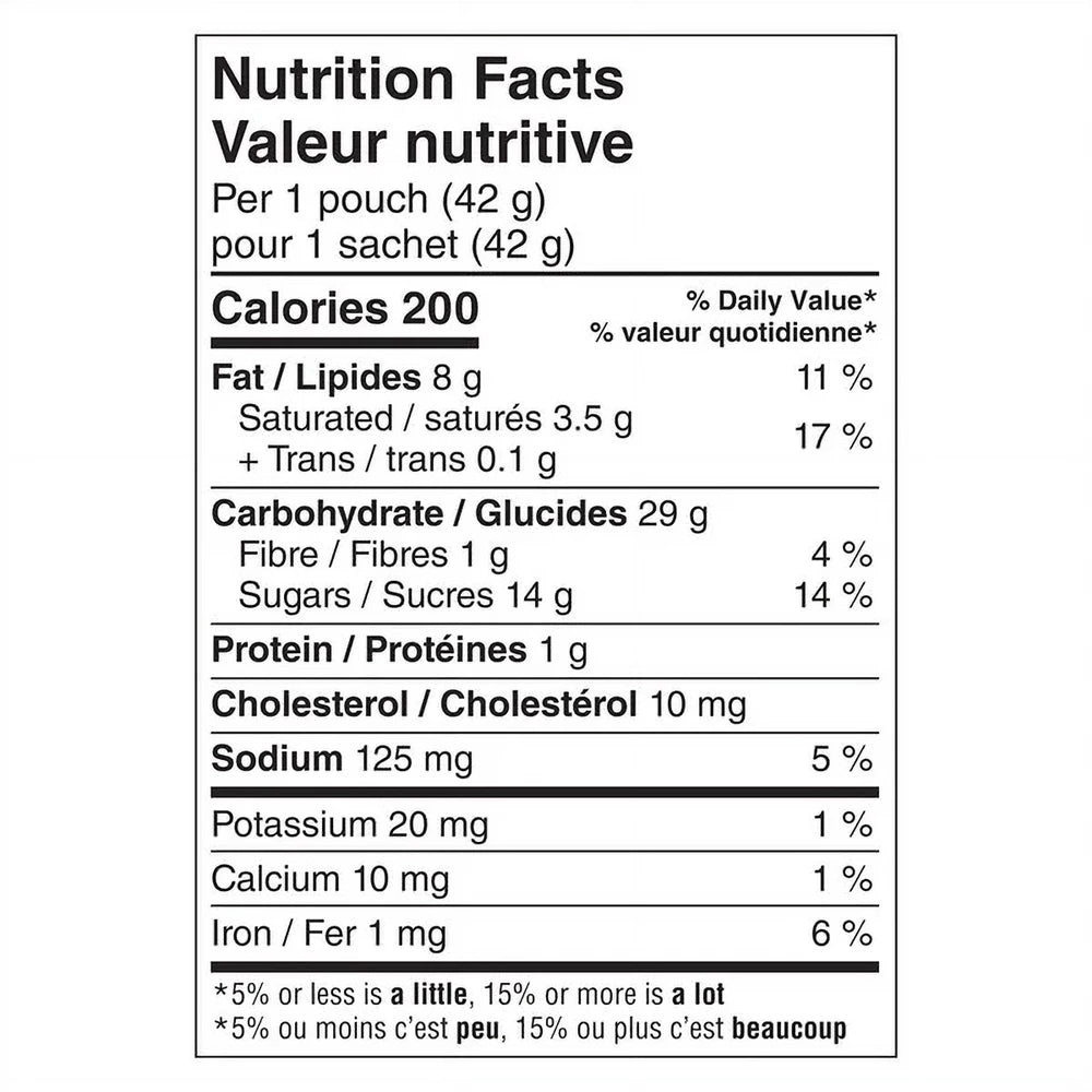 Nutrition facts label for Pillsbury Mini Soft Baked Cinnamon Toast Crunch Cookies, 28x42g Snack Bags, 1.17kg/2.6 lb