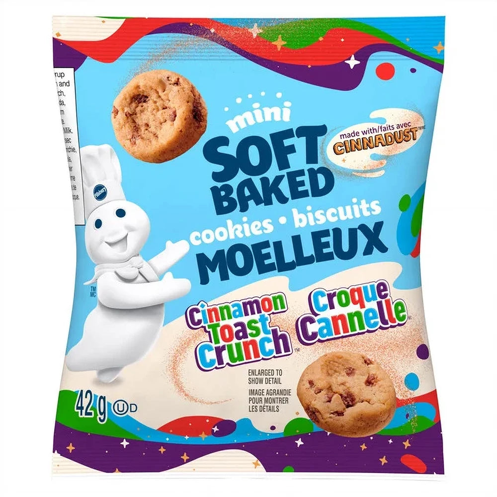 Cinnamon Toast Crunch mini soft baked cookies packaging with colorful design and cookie illustration.
