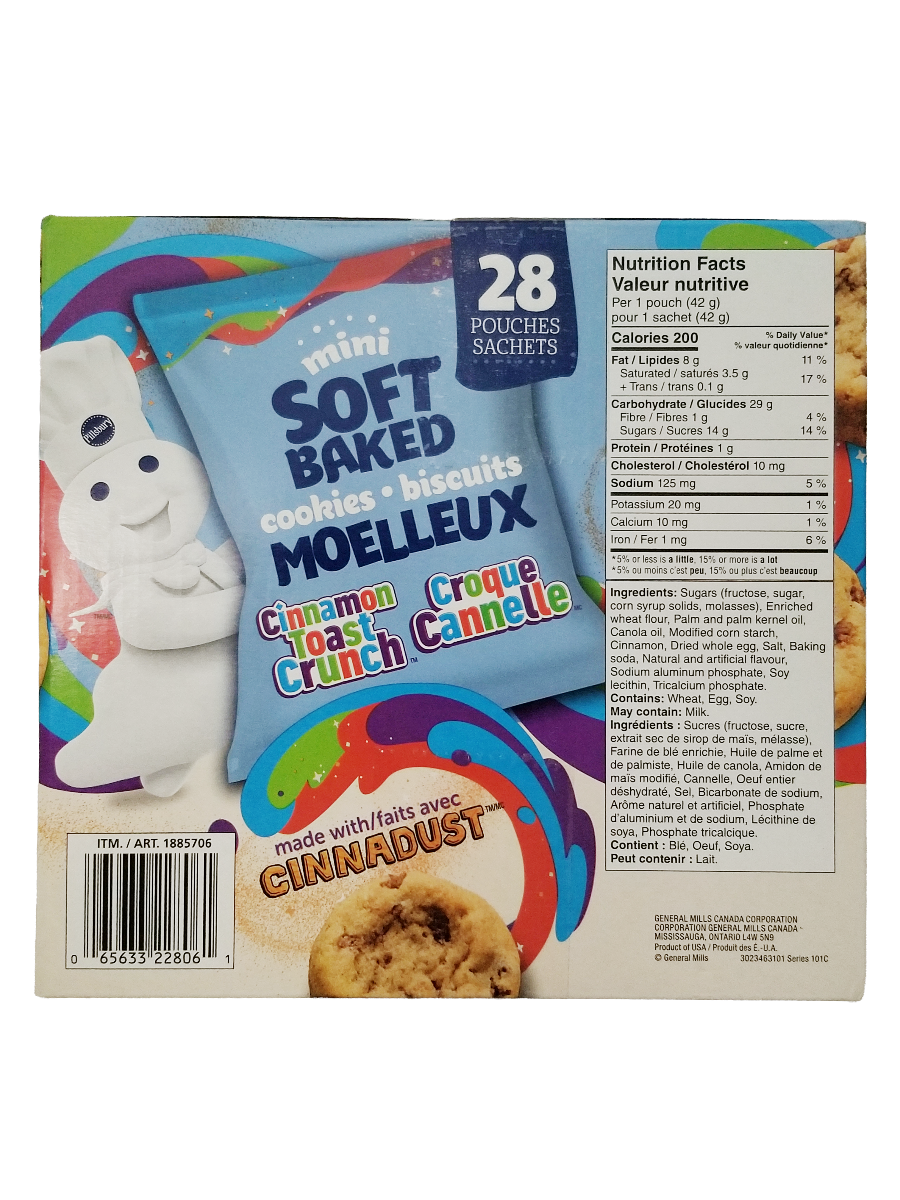 Box of Pillsbury Mini Soft Baked Cinnamon Toast Crunch Cookies, 28x42g Snack Bags, 1.17kg/2.6 lb with Cinnadust flavor, featuring a cartoon character and nutritional information.