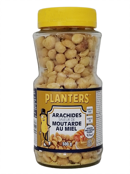 Jar of Planters honey mustard flavored cashews with a yellow lid on a white background