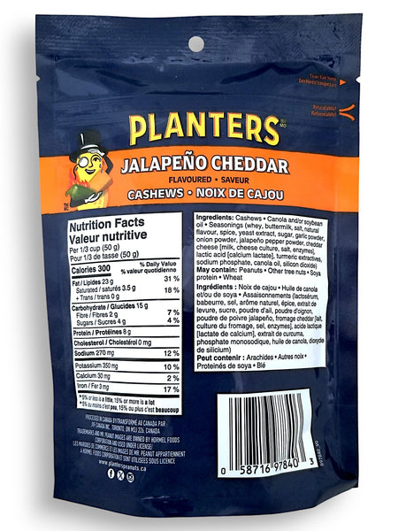 Back of Planters Jalapeno Cheddar Flavored Cashews, 145g/5.1 oz. Bag