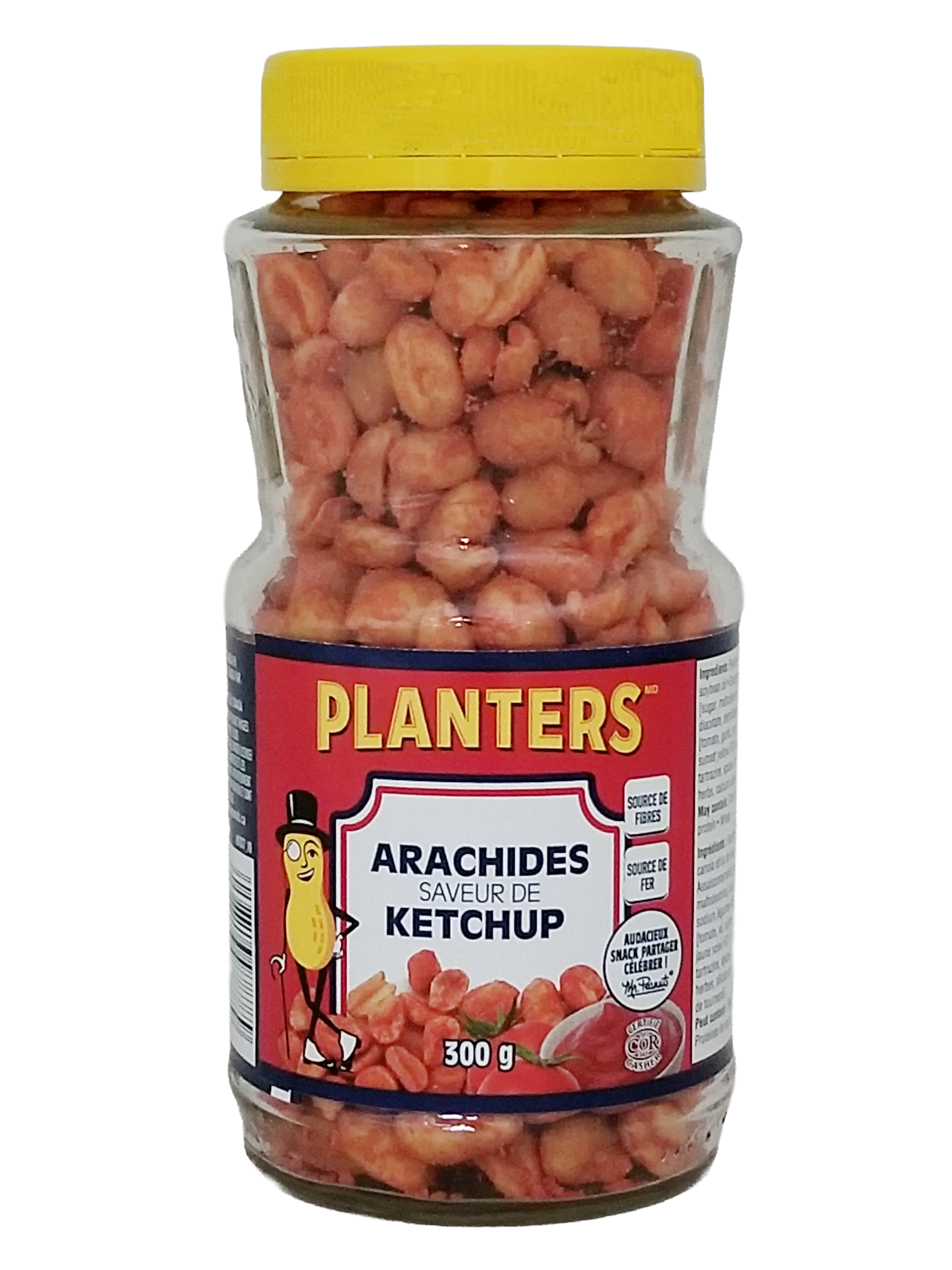 Back of Jar of Planters Ketchup Flavored Peanuts, 300g/10.6oz on a white background.