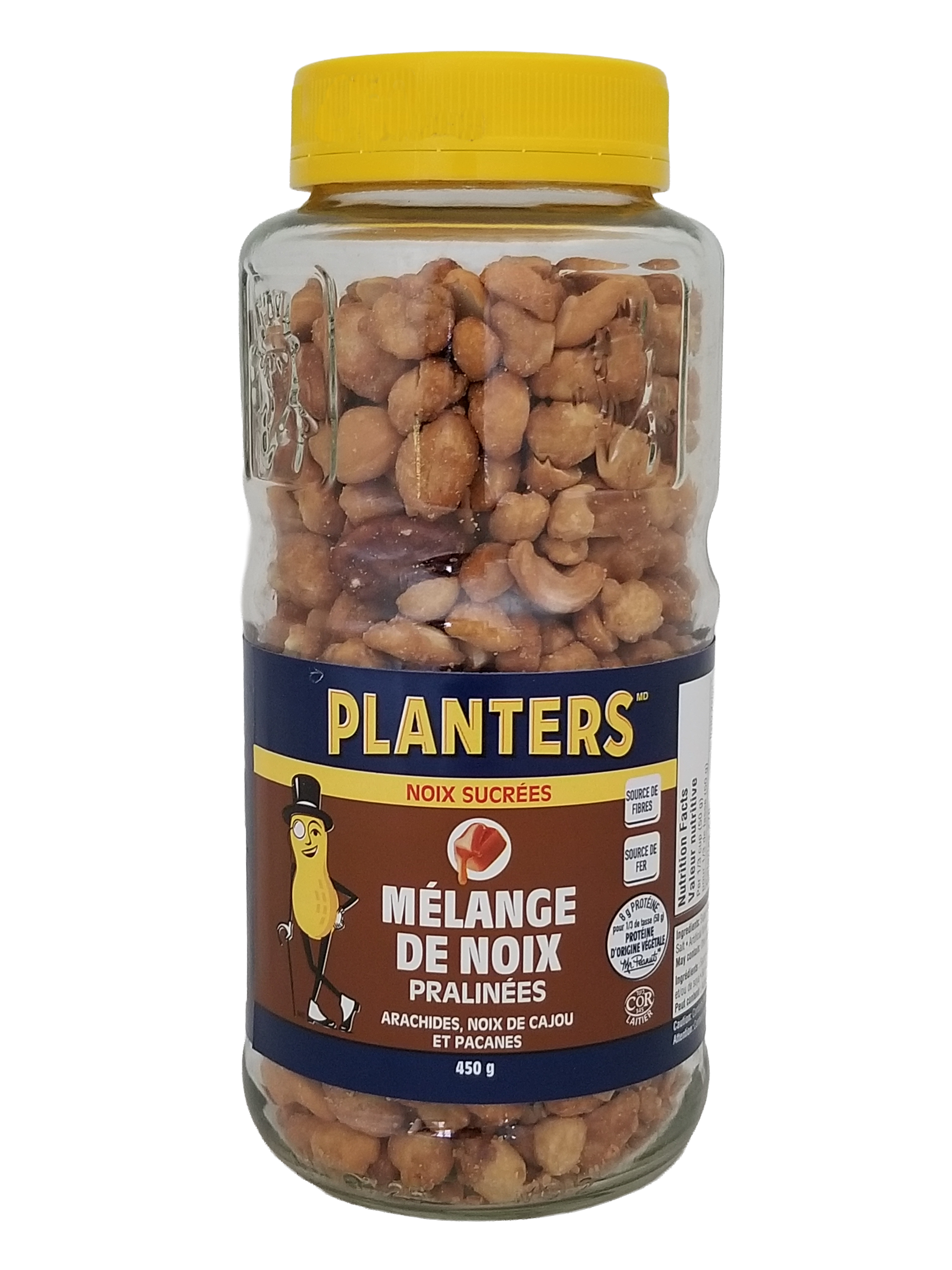 Jar of Planters Praline Mixed Nuts, Sweet N'Nutty Peanuts, 450g/15.8 oz with a yellow lid on a white background